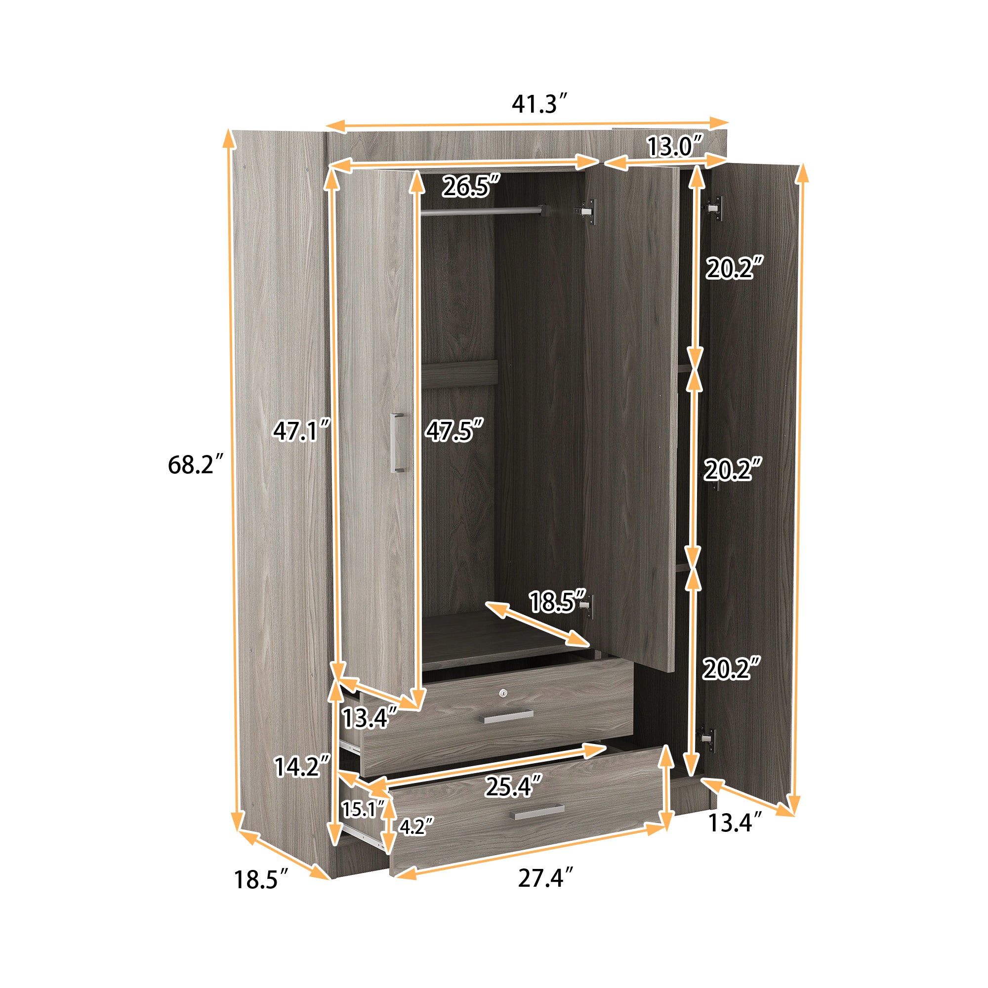 3-Door Wardrobe with 2 Drawers, Wood Grain Effect in Gray(OLD SKU:LP006001) - Grand Goldman Shop