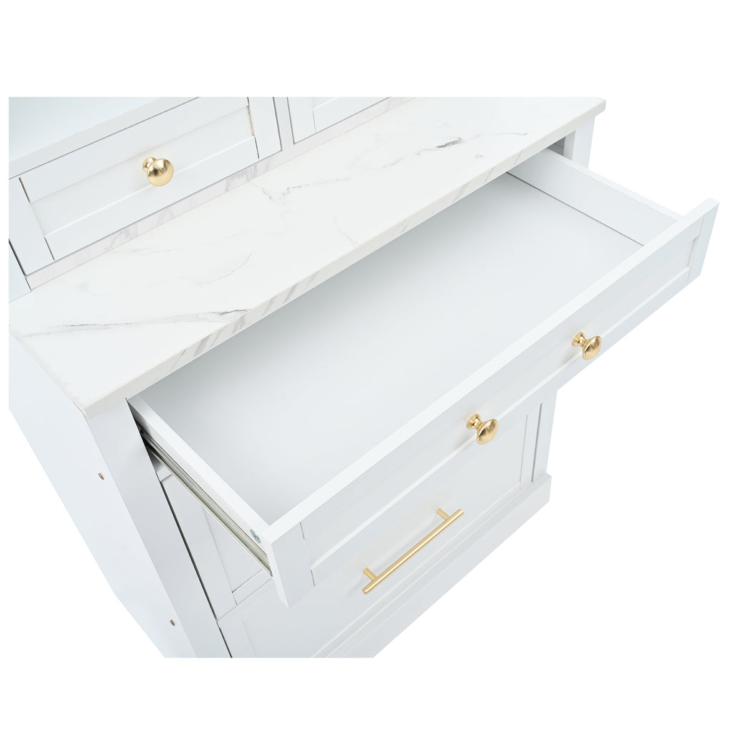 [Assembly Video Provided] TOPMAX Modern 83.7inch High Kitchen Pantry, Freestanding Tall Kitchen Hutch with Faux Marble Top, Display Cupboard Cabinet with 5 Storage Drawers and Adjustable Shelf, White - Grand Goldman Shop
