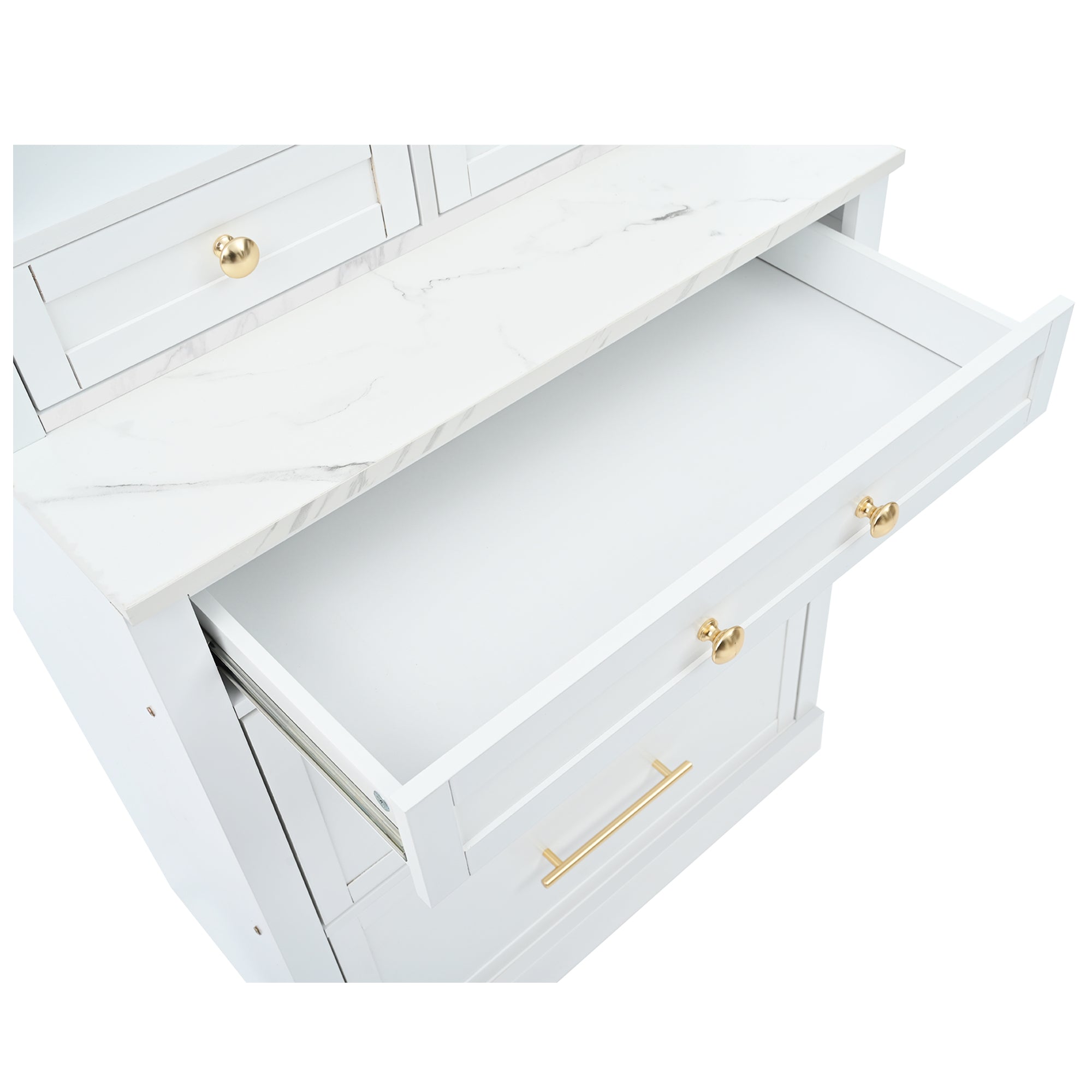 [Assembly Video Provided] TOPMAX Modern 83.7inch High Kitchen Pantry, Freestanding Tall Kitchen Hutch with Faux Marble Top, Display Cupboard Cabinet with 5 Storage Drawers and Adjustable Shelf, White - Grand Goldman Shop