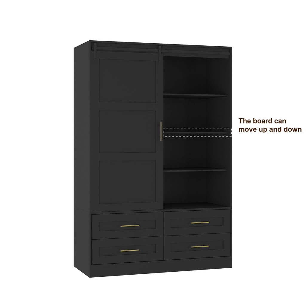 Tall Bedroom Armoire Wardrobe Closet Clothing Storage Cabinet with Hanging Rod Barn Door Drawers Open Shelves - Grand Goldman Shop