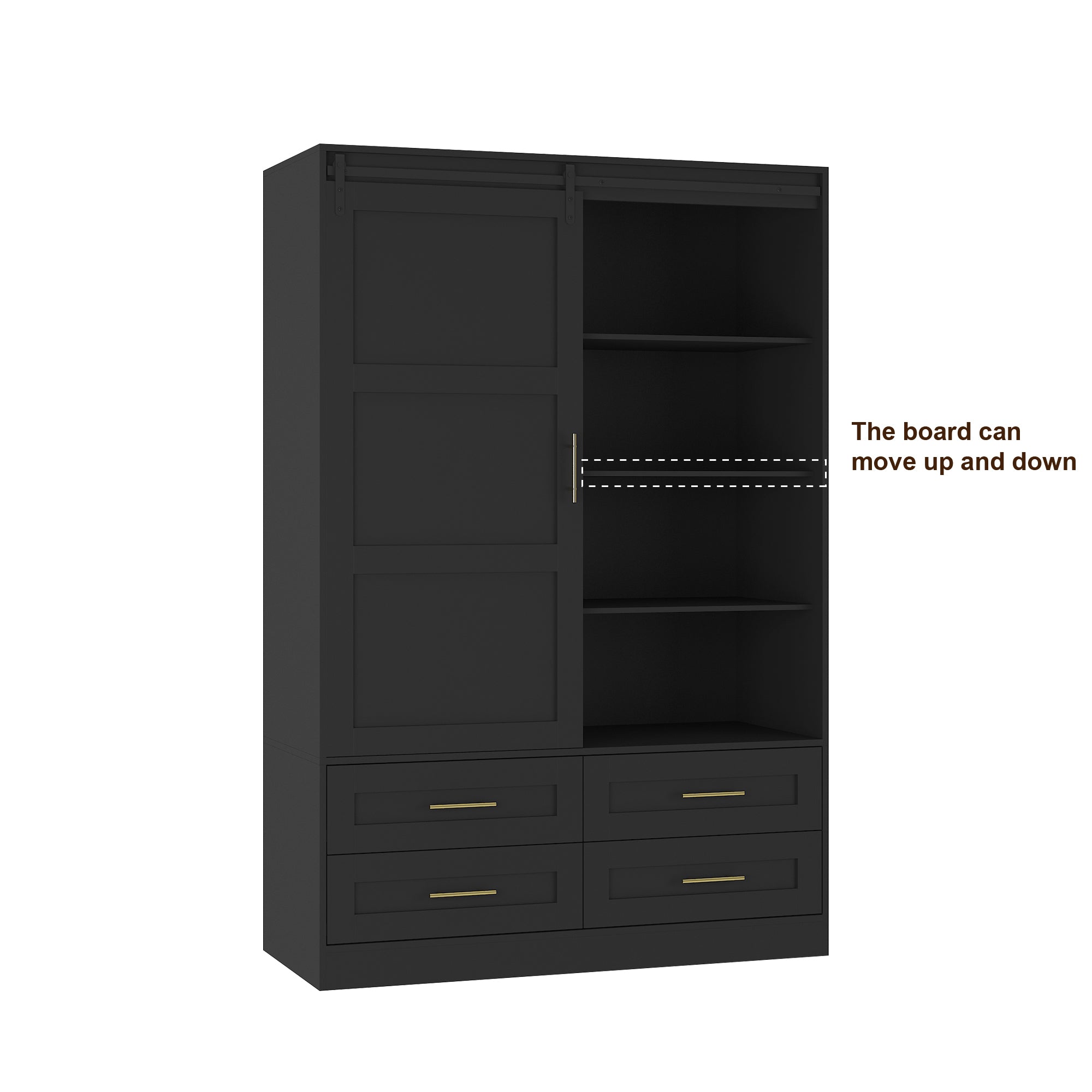 Tall Bedroom Armoire Wardrobe Closet Clothing Storage Cabinet with Hanging Rod Barn Door Drawers Open Shelves - Grand Goldman Shop