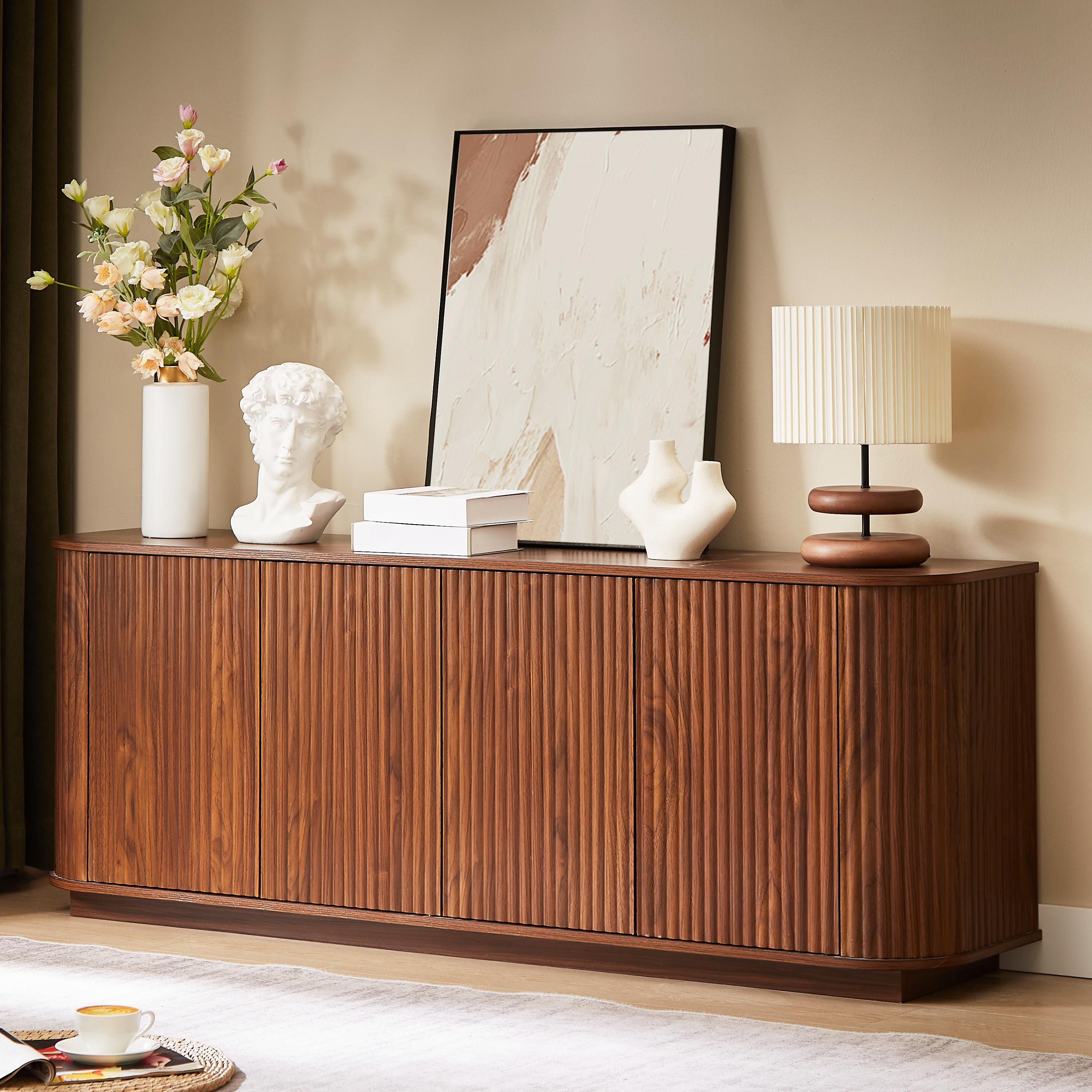Sideboard Storage Cabinet TV Stand with wave pattern Buffet Cabinet Wooden Vertical Striped Cabinet for Kitchen/Bedroom/Entryway. Walnut, 64''W x 15''D x 24''H. - Grand Goldman Shop