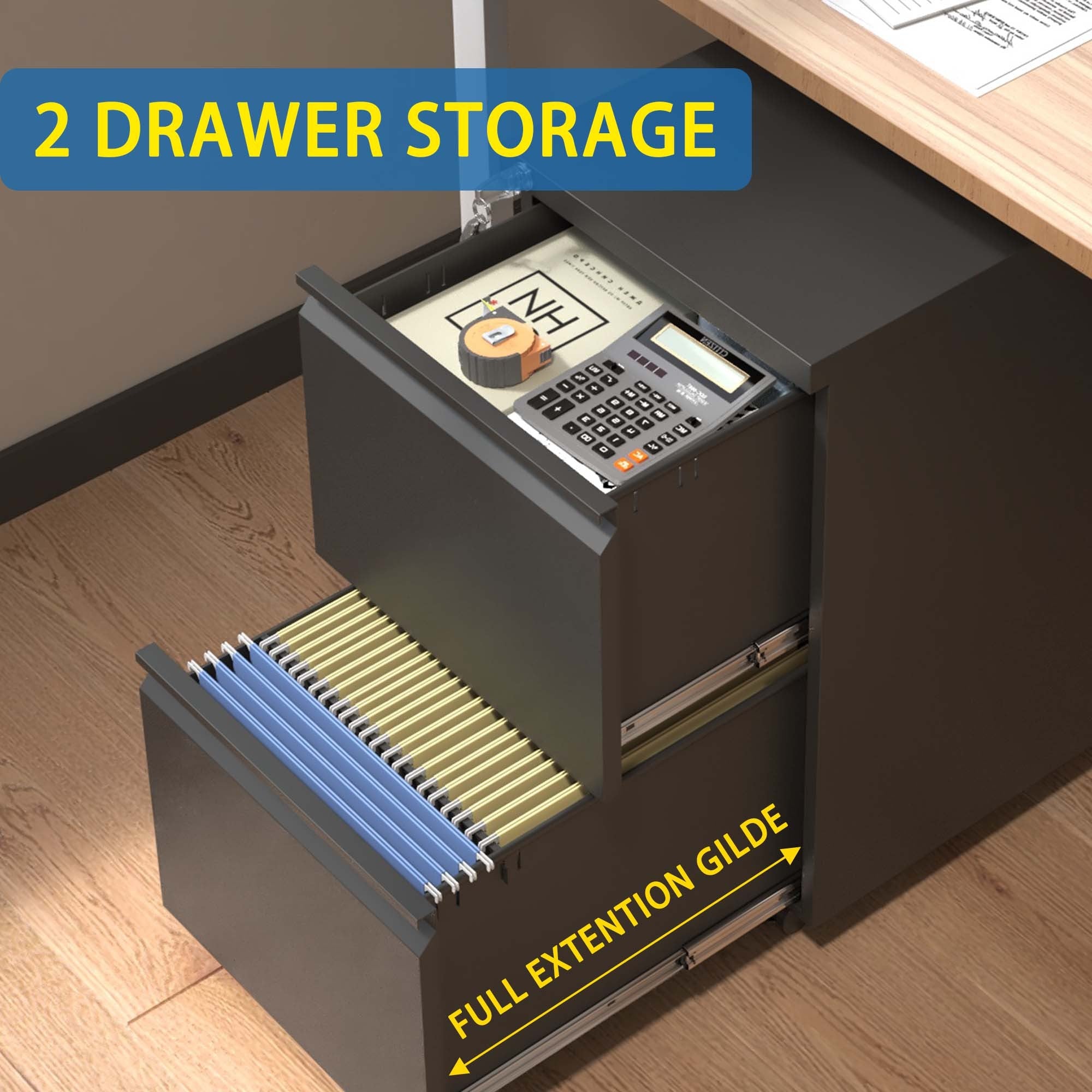 Sleek Modern 2 Drawer Metal Mobile File Cabinet with Lock, Black, Compact Size | Premium Home Decor - Grand Goldman