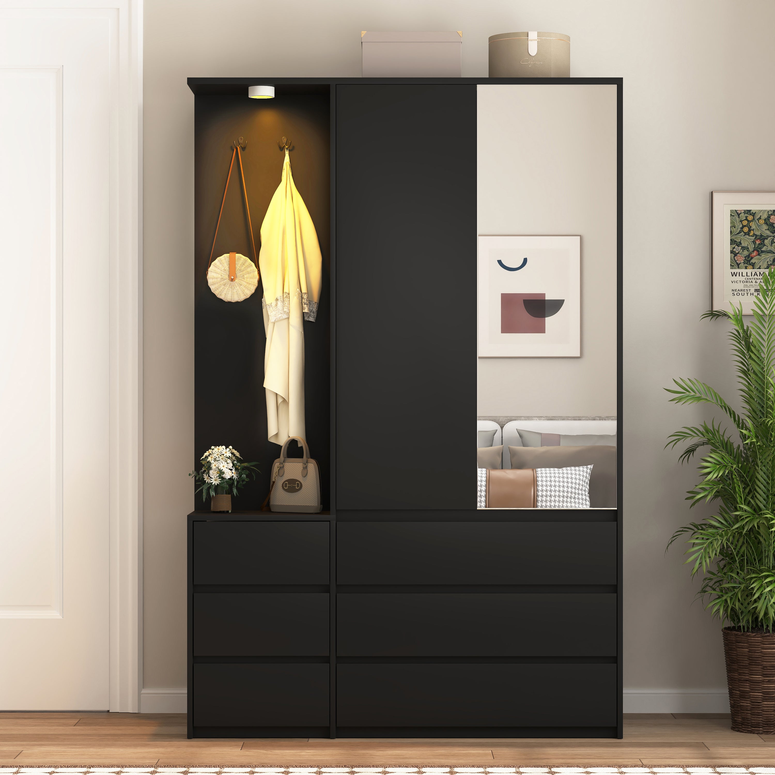 Wardrobe Closet 71.7' H, Bedroom Wooden Wardrobe with 2 Doors 6 Drawers, Modern Clothing Storage Cabinet Combination with Storage Shelves and Hanging Rail, Black - Grand Goldman Shop