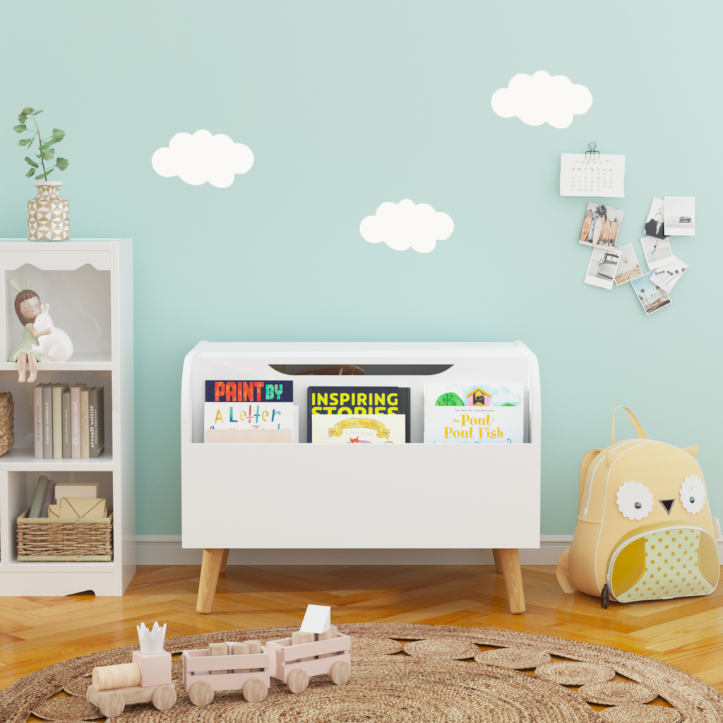 Wooden Toy Box with Front Bookshelf, Flip-Top Lid, Safety Hinge for Kids Room Organization in White, Solid Wood & MDF Constru