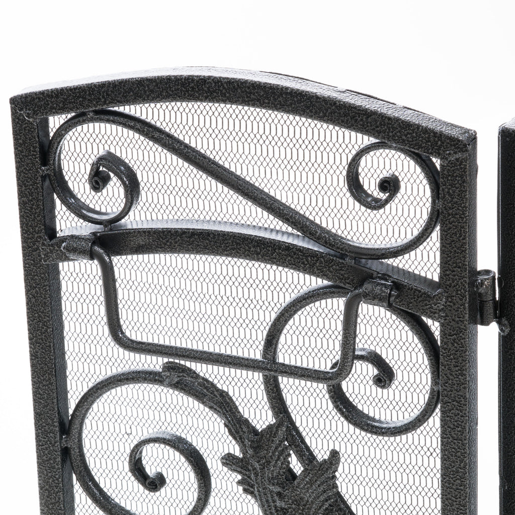 Mariella Traditional Floral Iron Fireplace Screen with Ornate Design in Black Brushed Silver Finish - Grand Goldman Shop