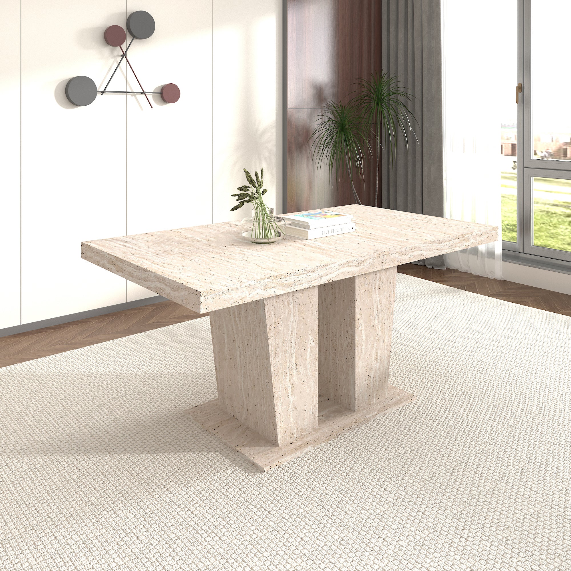 Rectangular extendable dining table, suitable for 6-10 people, with veined travertine pattern, dimensions 160-200 cm, simple and elegant. - Grand Goldman Shop