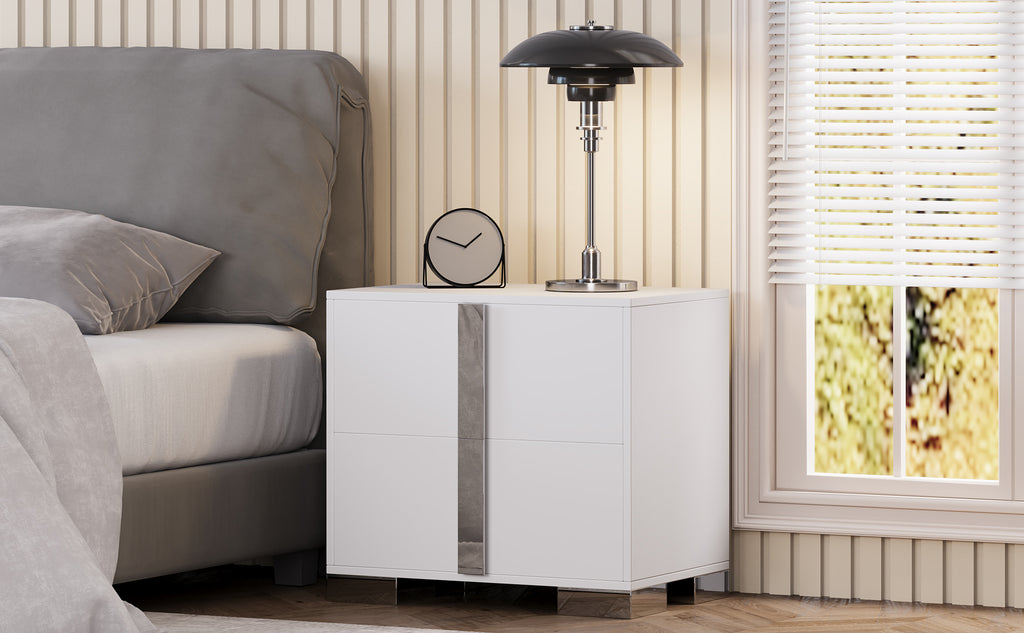 Modern End Table with Drawers, Elegant Nightstand with Metal Foot,Wood Bedside Table with Mirrored Metal Handles,Sofa Side End Table for Bedroom Living Room Office,White - Grand Goldman Shop