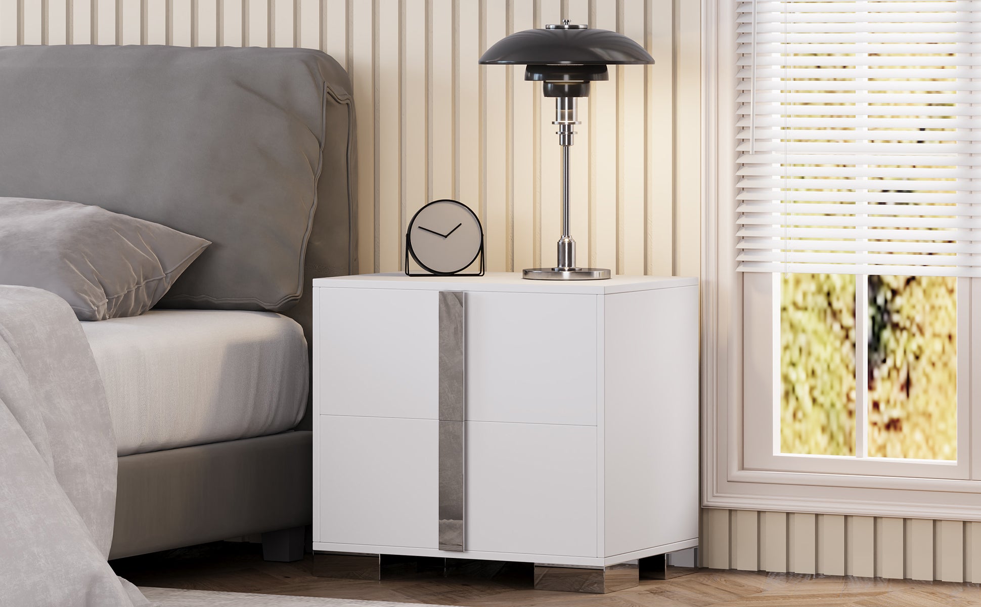 Modern End Table with Drawers, Elegant Nightstand with Metal Foot,Wood Bedside Table with Mirrored Metal Handles,Sofa Side End Table for Bedroom Living Room Office,White - Grand Goldman Shop