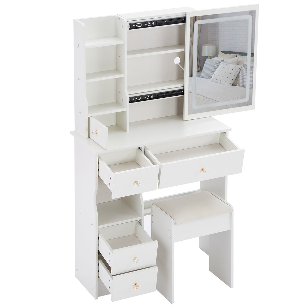 29.2' Small Size Left Drawer Desktop Vanity Table + Cushioned Stool, 2 AC+2 USB Power Station, Hair dryer bracket, Extra Large Touch Control Sliding LED Mirror, Tri-color Switching, Brightness Adjust - Grand Goldman Shop