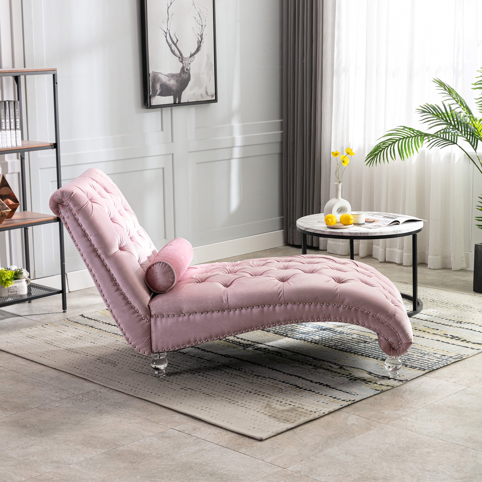 Velvet Chaise Lounge Indoor, Button-Tufted Upholstered Chaise Lounge Chair with Pillow in Pink Velvet, Comfortable Seating for Bedroom Living Room Office - Grand Goldman Shop