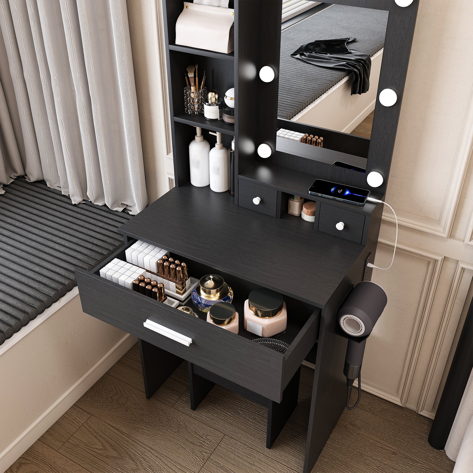 Black Vanity Table with Adjustable LED Mirror, Power Outlet, Hairdryer Holder & Matching Stool – Compact Dressing Desk for Small Bedrooms - Grand Goldman Shop