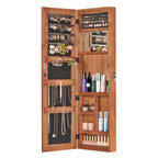 Solid Wood Jewelry Armoire Organizer Cabinet with Full-Length Mirror, Brown, Wall-Mounted Lockable with LED Light, 47.5x14.3 in - Grand Goldman Shop
