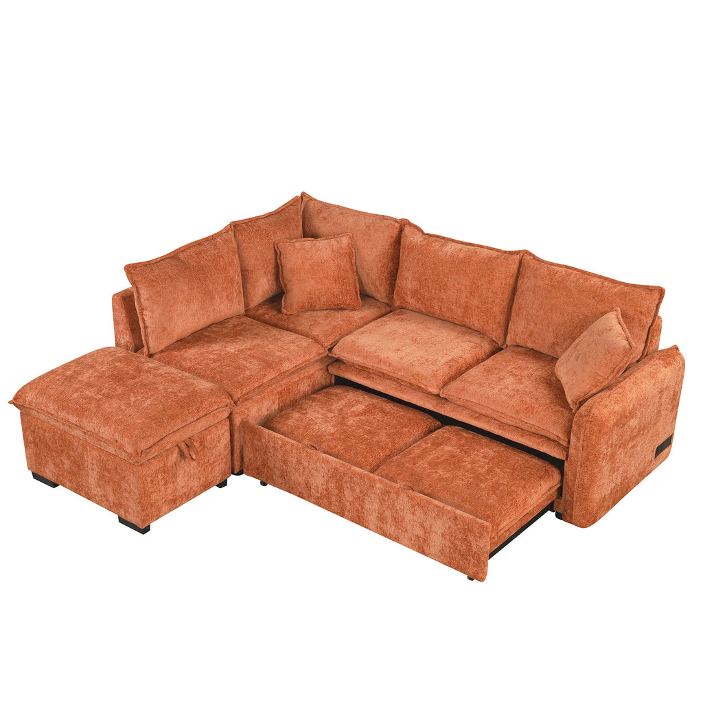 Convertible L-shaped Sofa Bed with Storage Ottoman, Power Sockets & USB Ports, Orange Chenille, 82.67' - Grand Goldman Shop