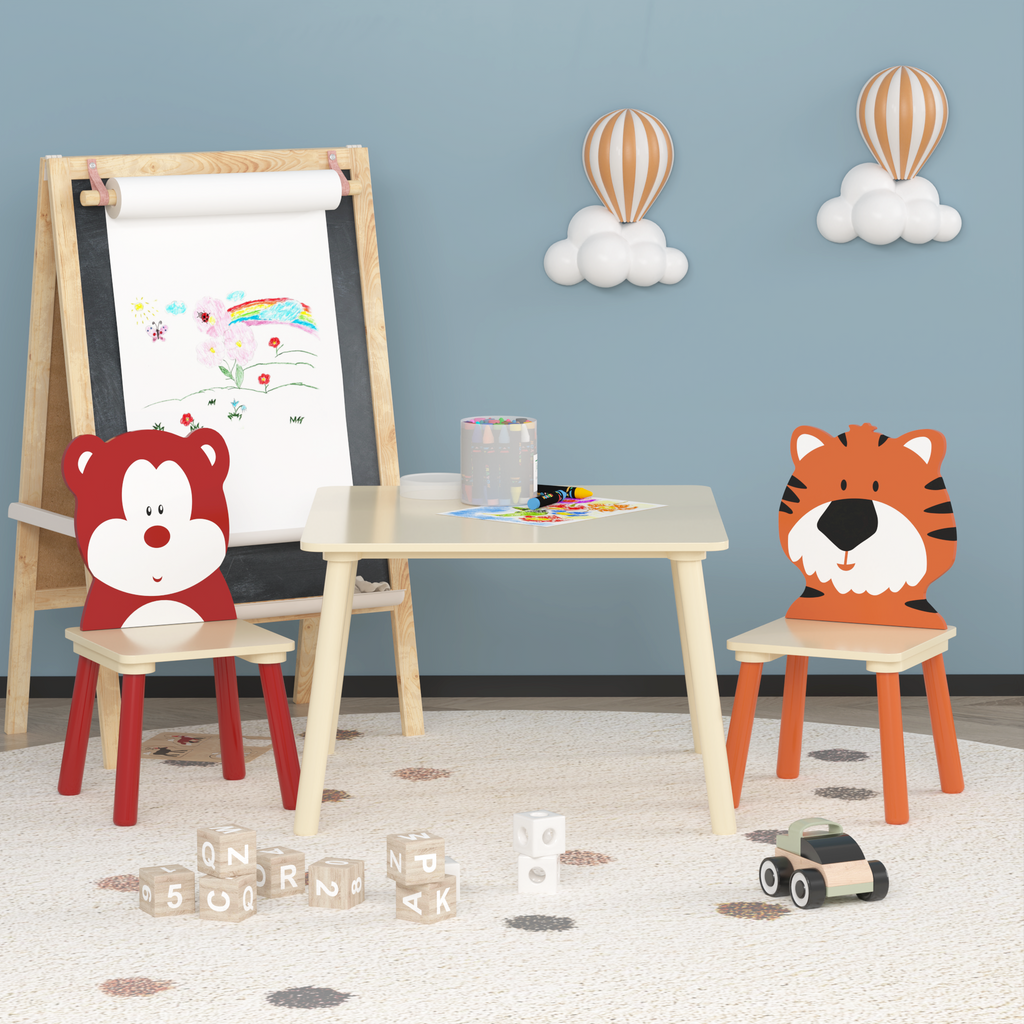Kids Table and 2 Chairs Set, Wooden Activity Play Table Set with Bear & Tiger Design in White & Orange, Solid Wood and MDF Co