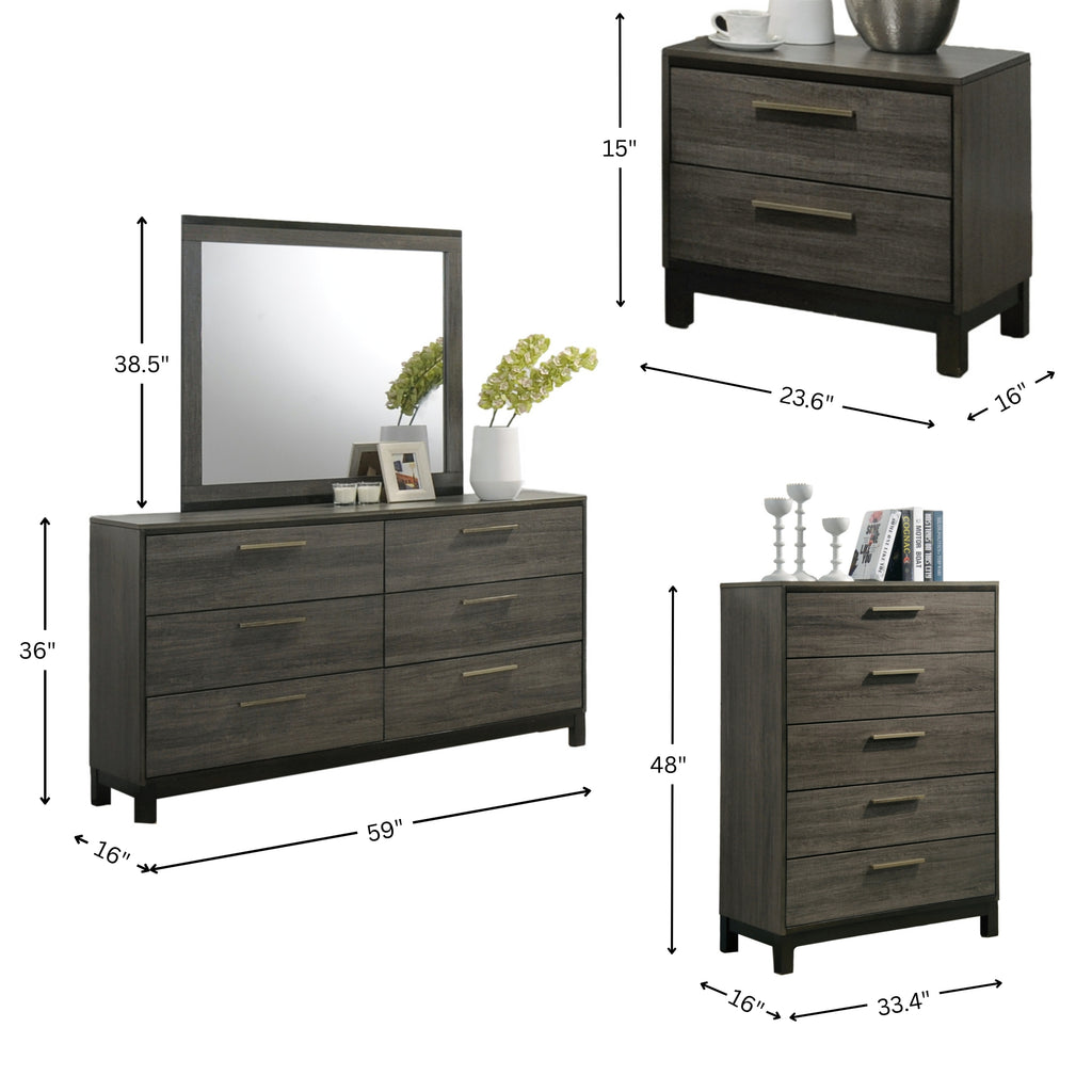 Ioana Antique Grey Wood 6-piece King Size Bedroom Set, Dresser, Mirror, 2 Night Stands , Chest - Grand Goldman Shop