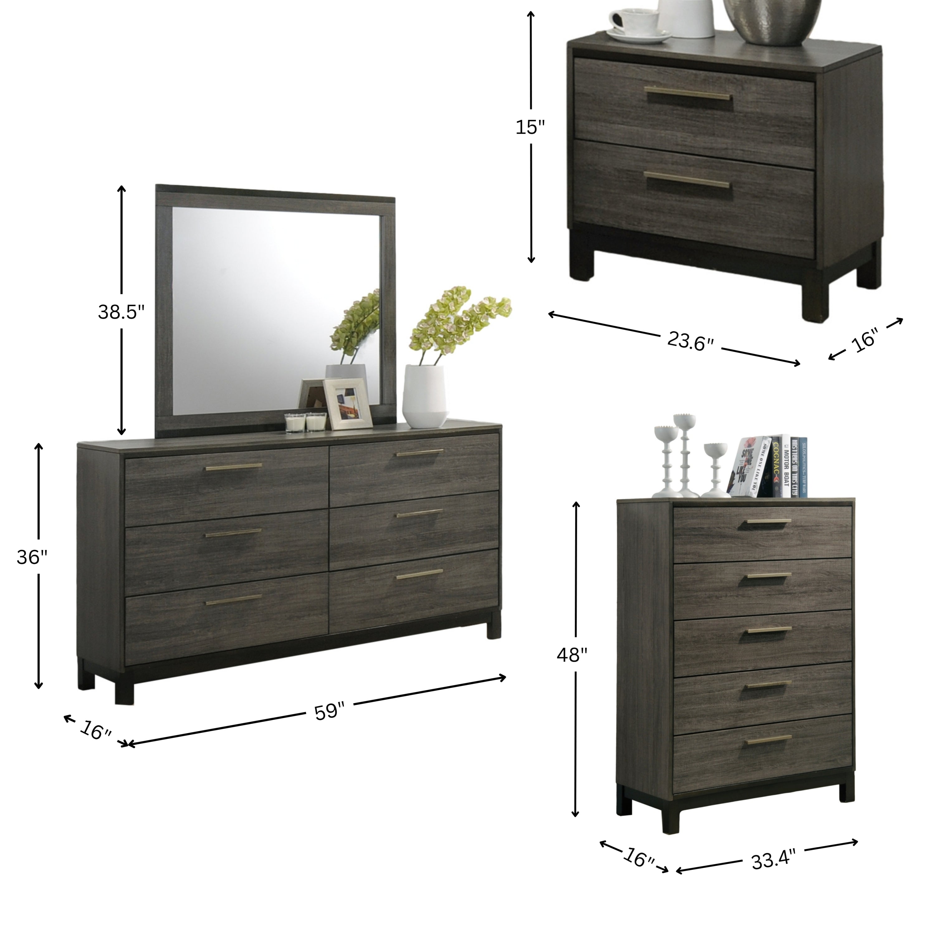 Ioana Antique Grey Wood 6-piece King Size Bedroom Set, Dresser, Mirror, 2 Night Stands , Chest - Grand Goldman Shop