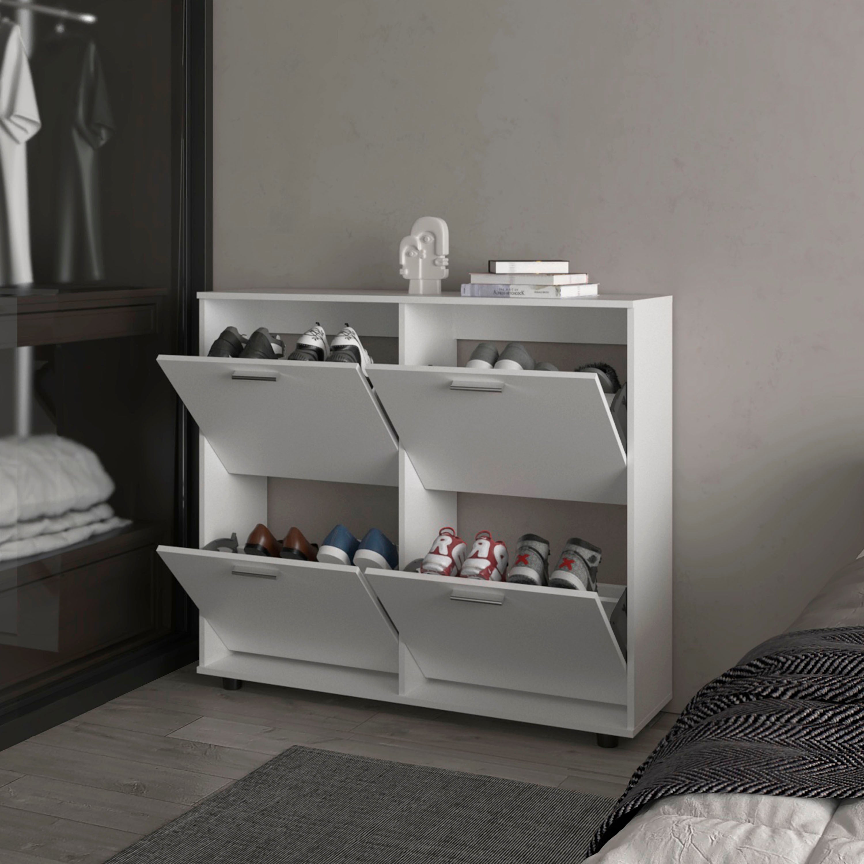 FM FURNITURE Nutrioso Tilt-Out Shoe Storage Cabinet with Multiple Compartments and Modern Desig, White - Grand Goldman Shop
