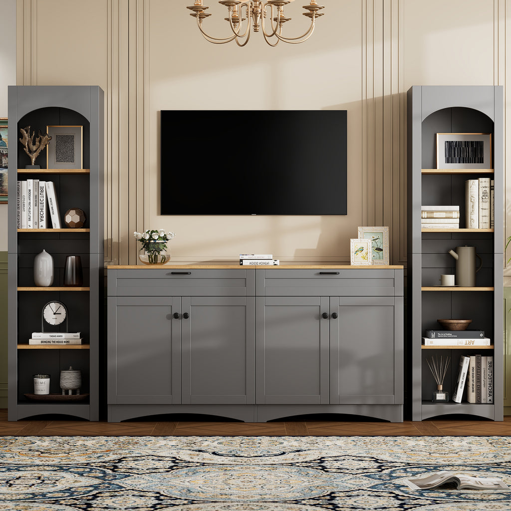 ON-TREND 3-Piece Farmhouse Entertainment Center with Storage Cabinet for TVs Up to 70', Mid-Century TV Stand with Bookshelf, Rustic Versatile Sideboard with Adjustable Shelves for Living Room, Grey - Grand Goldman Shop