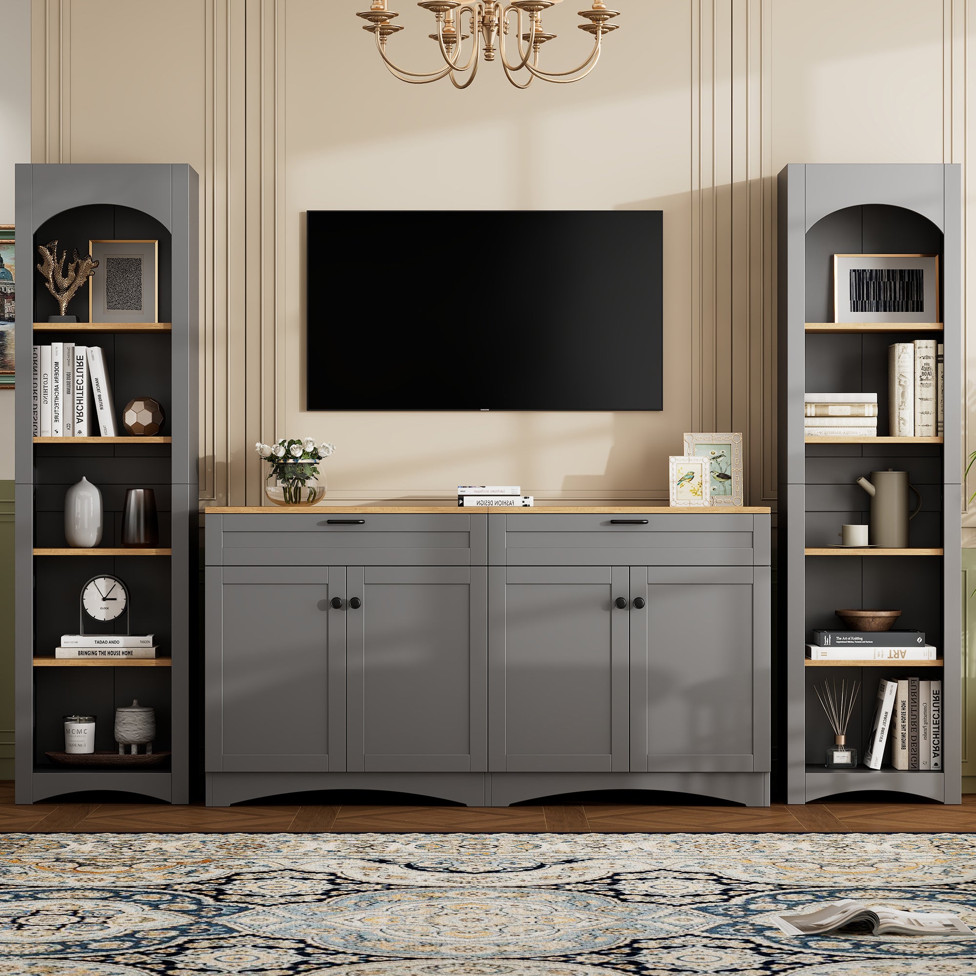 ON-TREND 3-Piece Farmhouse Entertainment Center with Storage Cabinet for TVs Up to 70', Mid-Century TV Stand with Bookshelf, Rustic Versatile Sideboard with Adjustable Shelves for Living Room, Grey - Grand Goldman Shop