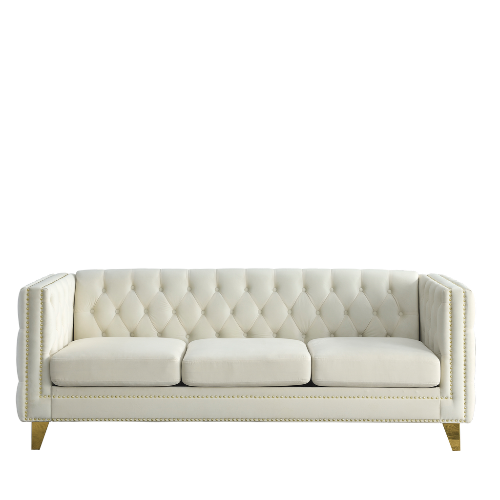 Modern Velvet Sofa with Button Tufting and Metal Legs, Beige Upholstered Couch for Living Room or Bedroom, 3-Seater, W834S00023 - Grand Goldman Shop