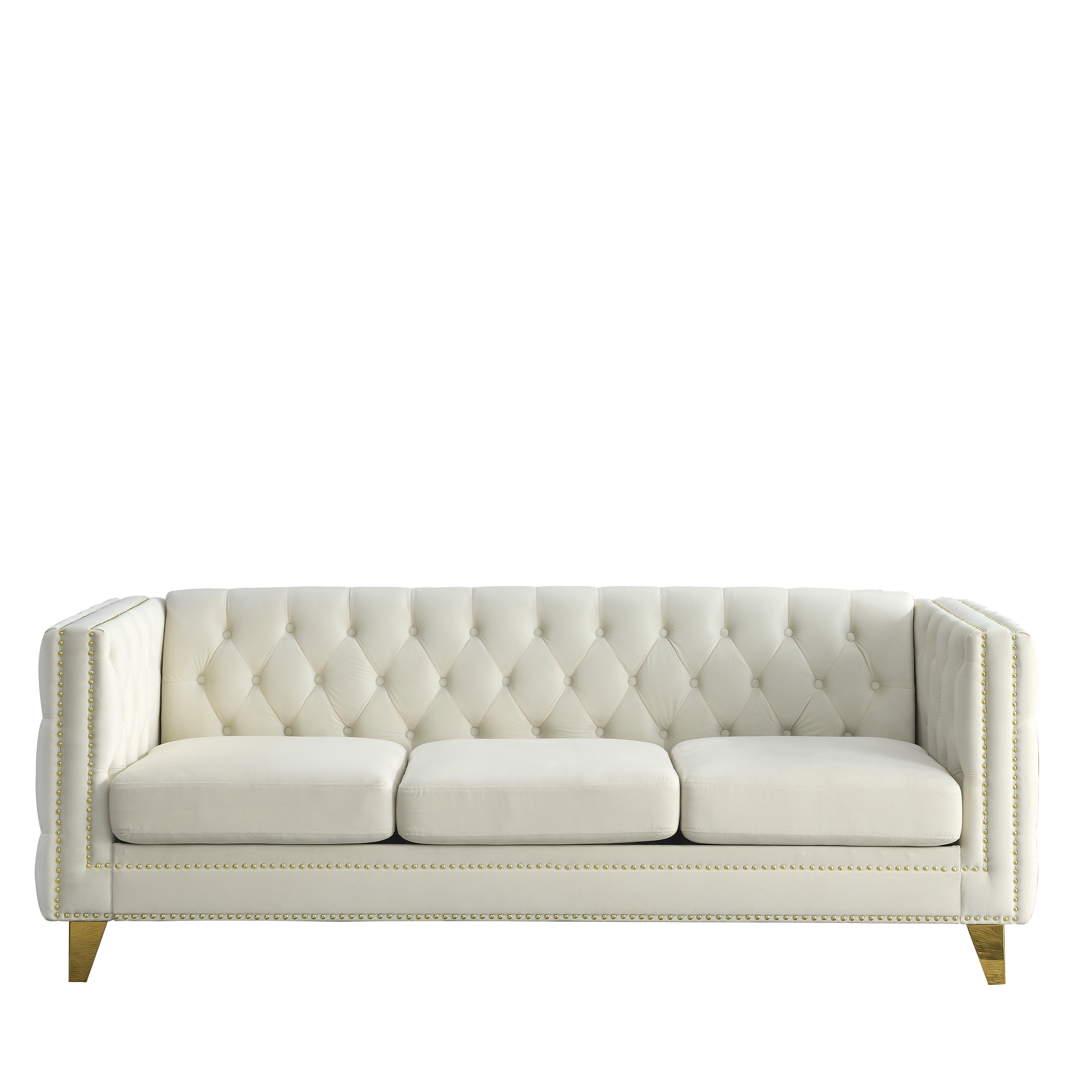 Modern Velvet Sofa with Button Tufting and Metal Legs, Beige Upholstered Couch for Living Room or Bedroom, 3-Seater, W834S00023 - Grand Goldman Shop
