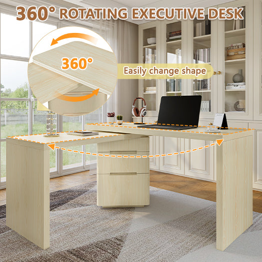 90' Modern L Shaped Desk in Natural Wood with 3 Drawers,360° Wood Rotating Desk,Executive Office Desk,Corner Desk,Office Stud