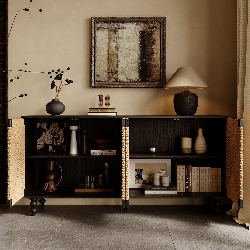 Accent Natural Sideboard Buffet Cabinet Storage Wood TV Stand in Wire-Brushed and Seagrass Doors Sideboard, for Hallway, Entryway or Dining Room - Grand Goldman Shop