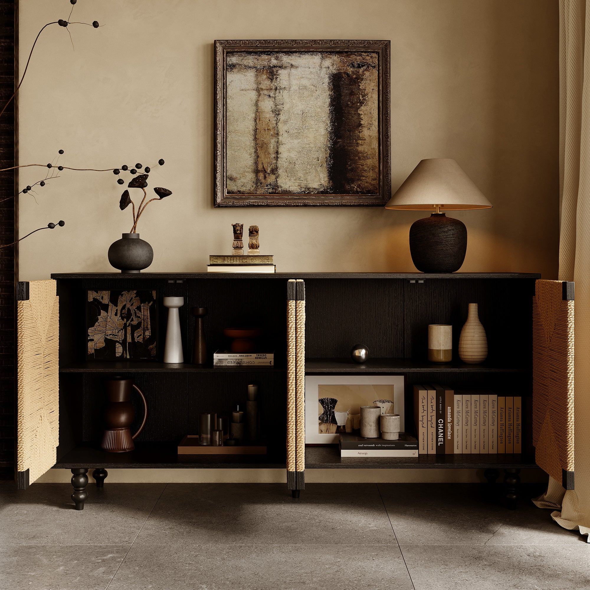 Accent Natural Sideboard Buffet Cabinet Storage Wood TV Stand in Wire-Brushed and Seagrass Doors Sideboard, for Hallway, Entryway or Dining Room - Grand Goldman Shop