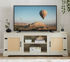 Farmhouse Rattan TV Stand Console Table for TVs up to 70 Inches, TV Console Table with 2 Storage Shelves, 2 Natural Rattan Door Cabinets,65'W*15.55'D*23.86'H, White - Grand Goldman Shop