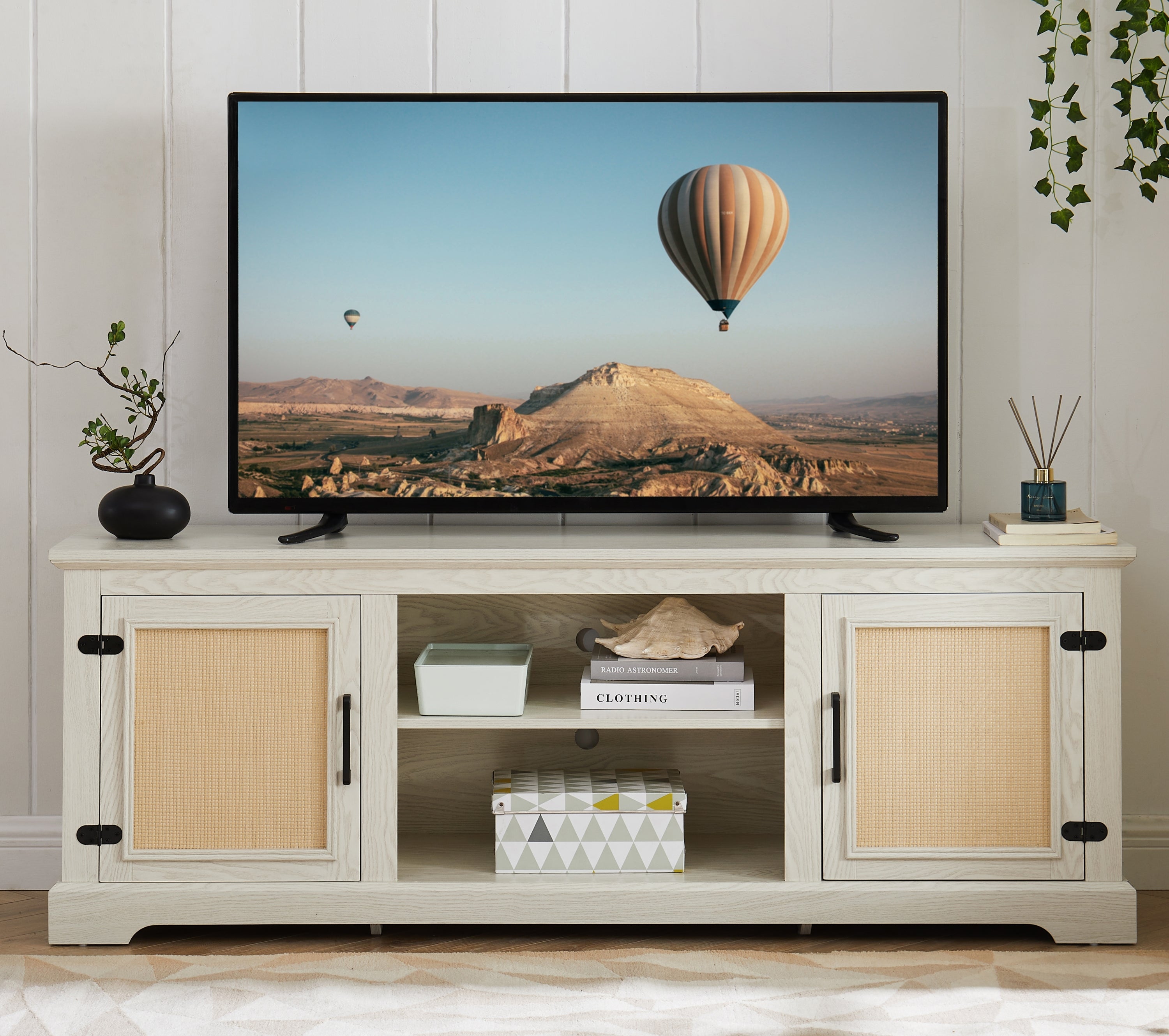 Farmhouse Rattan TV Stand Console Table for TVs up to 70 Inches, TV Console Table with 2 Storage Shelves, 2 Natural Rattan Door Cabinets,65'W*15.55'D*23.86'H, White - Grand Goldman Shop