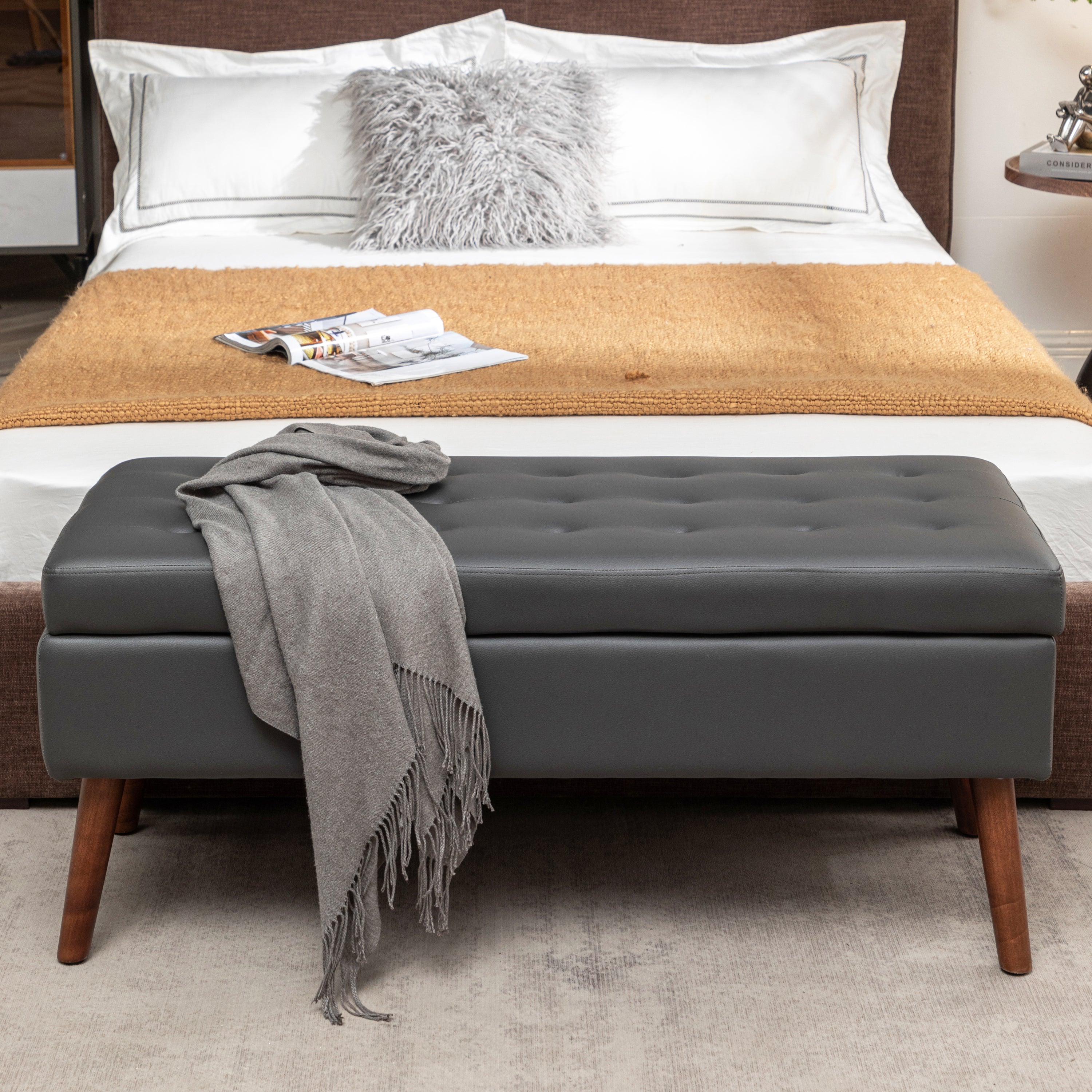 Storage Bench with Storage Bench for Bedroom End of Bed Bench Foot of Bed Bench Entryway Bench Storage Ottoman Bench 43.3' W x 17.7' Dark Grey Leather Bench - Grand Goldman Shop