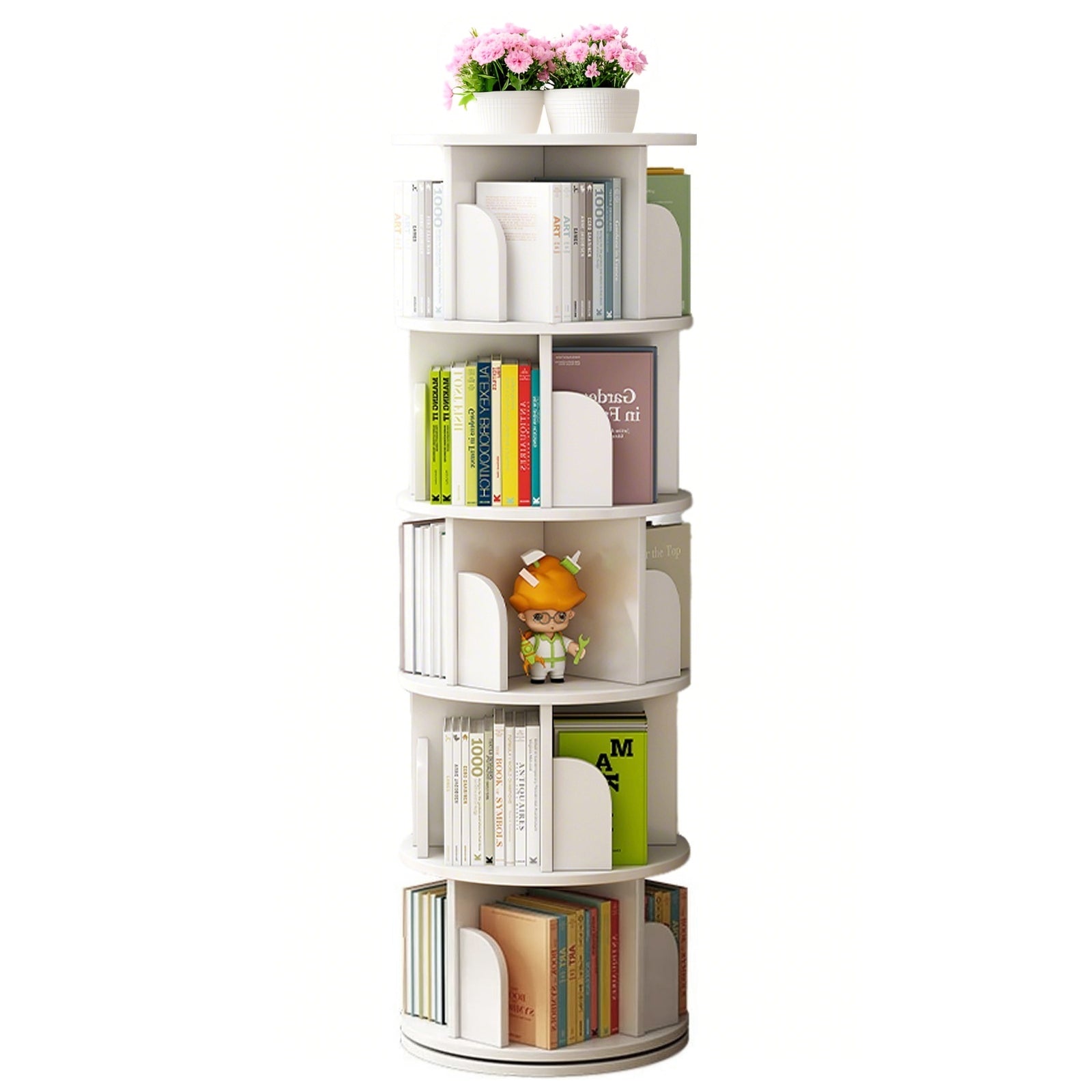 5 Tier Rotating Bookshelf, 360° Display Round Spinning Bookshelf, Space-Saving, Small Space Rotating Bookshelf Tower for Bedroom, Living Room, Home, Office, Warm White - Grand Goldman Shop