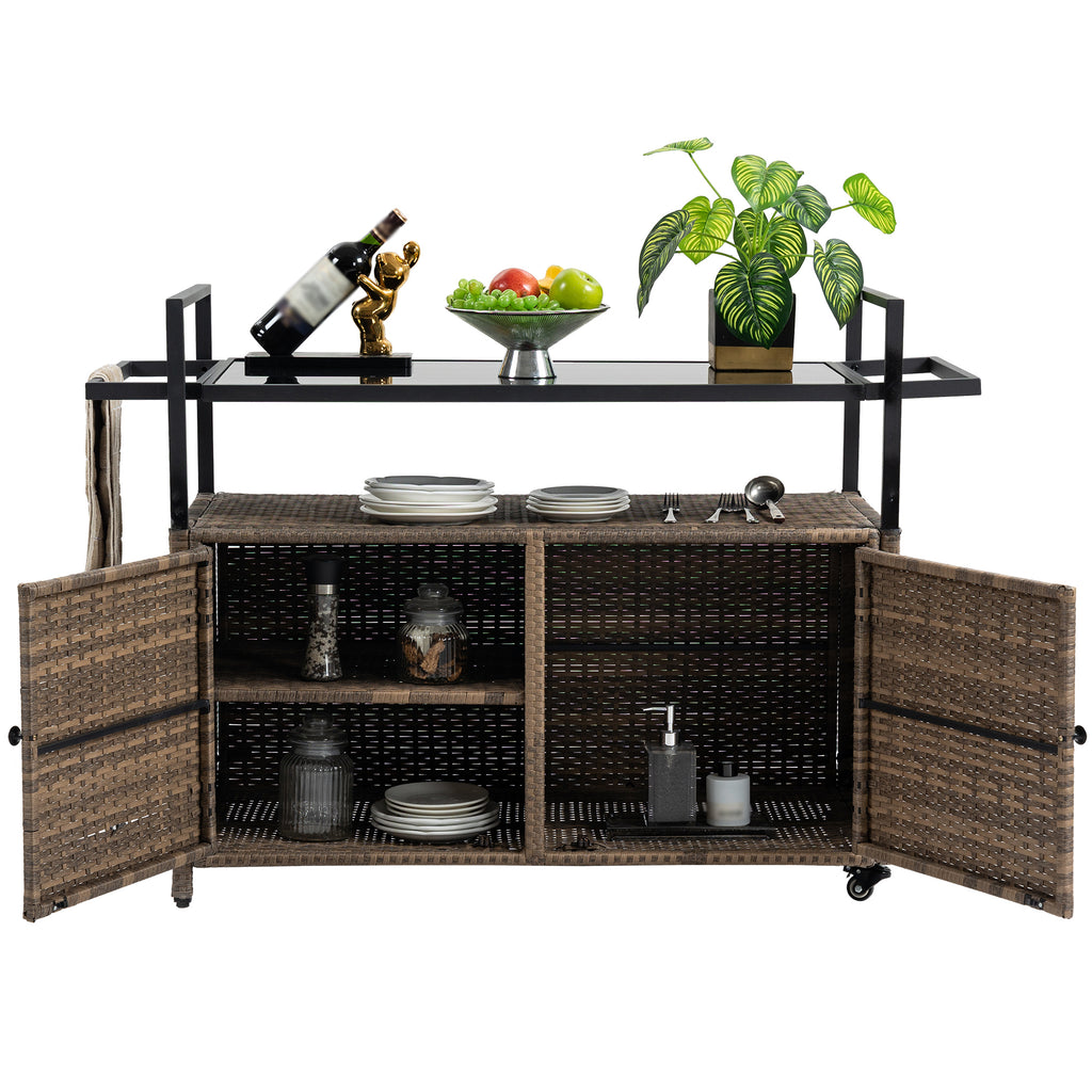 Outdoor Wicker Bar Cart, Patio Wine Serving Cart w/Wheels , Rolling Rattan Beverage Bar Counter Table w/Glass Top for Porch Backyard Garden Poolside Party, Light brown - Grand Goldman Shop