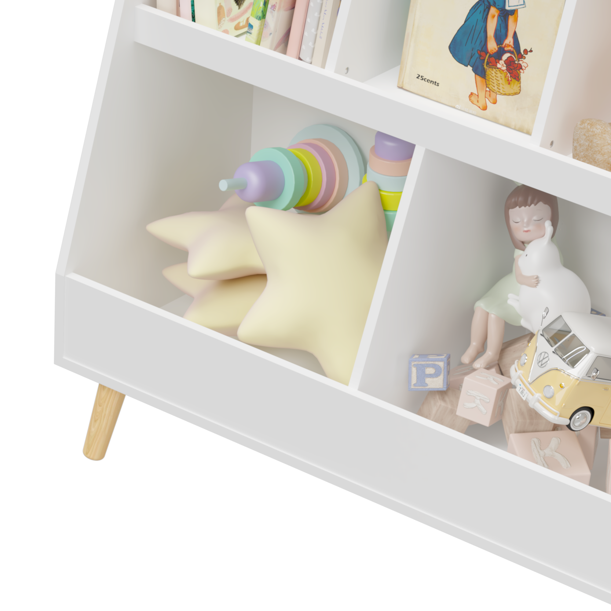 Modern Kids Bookshelf and Toy Organizer with 5 Cubbies, 2-Tier Wooden Open Bookcase, White MDF and Pine Legs - Grand Goldman