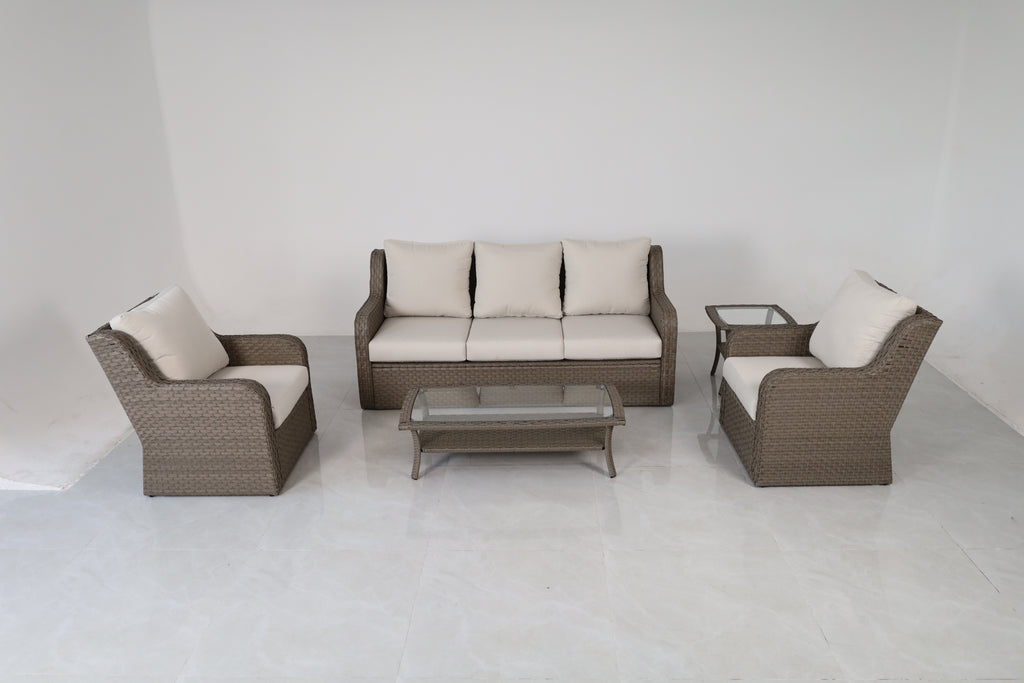5-teiliges Rattan-Gartenmöbel-Set mit Sofa, 2 Sessel, Couchtisch und Beistelltisch – weiße Kissen