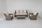 5-teiliges Rattan-Gartenmöbel-Set mit Sofa, 2 Sessel, Couchtisch und Beistelltisch – weiße Kissen