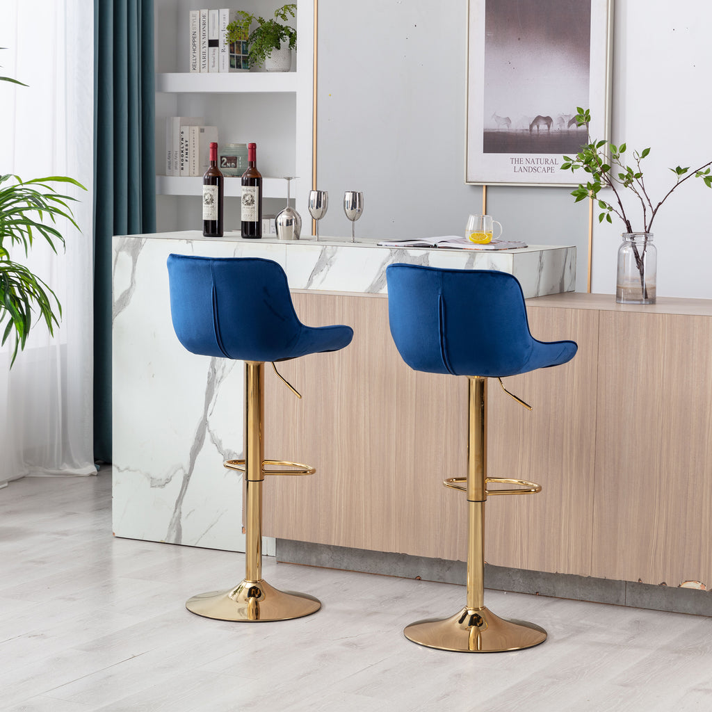 Chrome Footrest and Base Swivel Height Adjustable Mechanical Lifting Velvet + Golden Leg Simple Bar Stool,Set of 2,Navy - Grand Goldman Shop