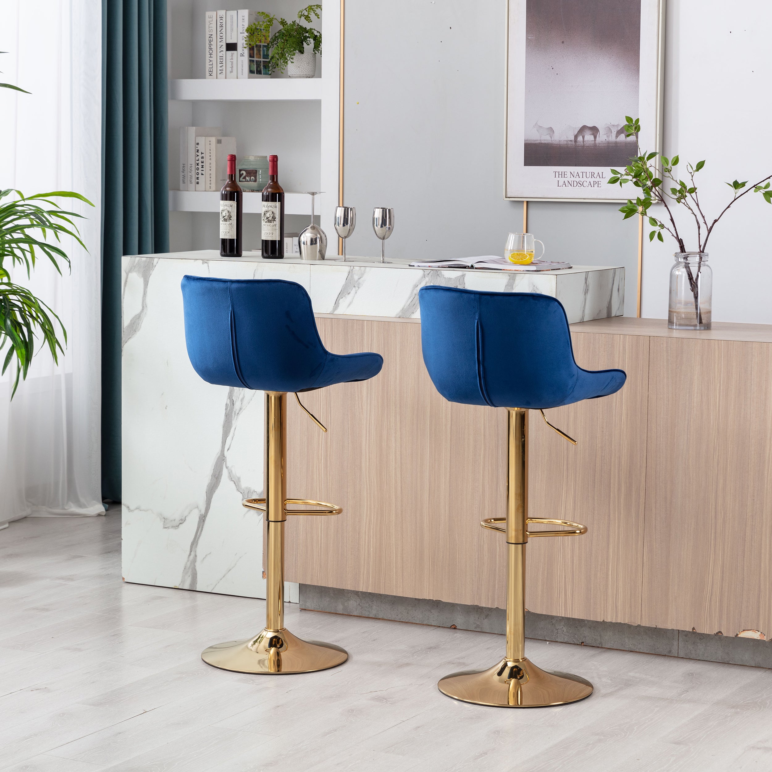 Chrome Footrest and Base Swivel Height Adjustable Mechanical Lifting Velvet + Golden Leg Simple Bar Stool,Set of 2,Navy - Grand Goldman Shop