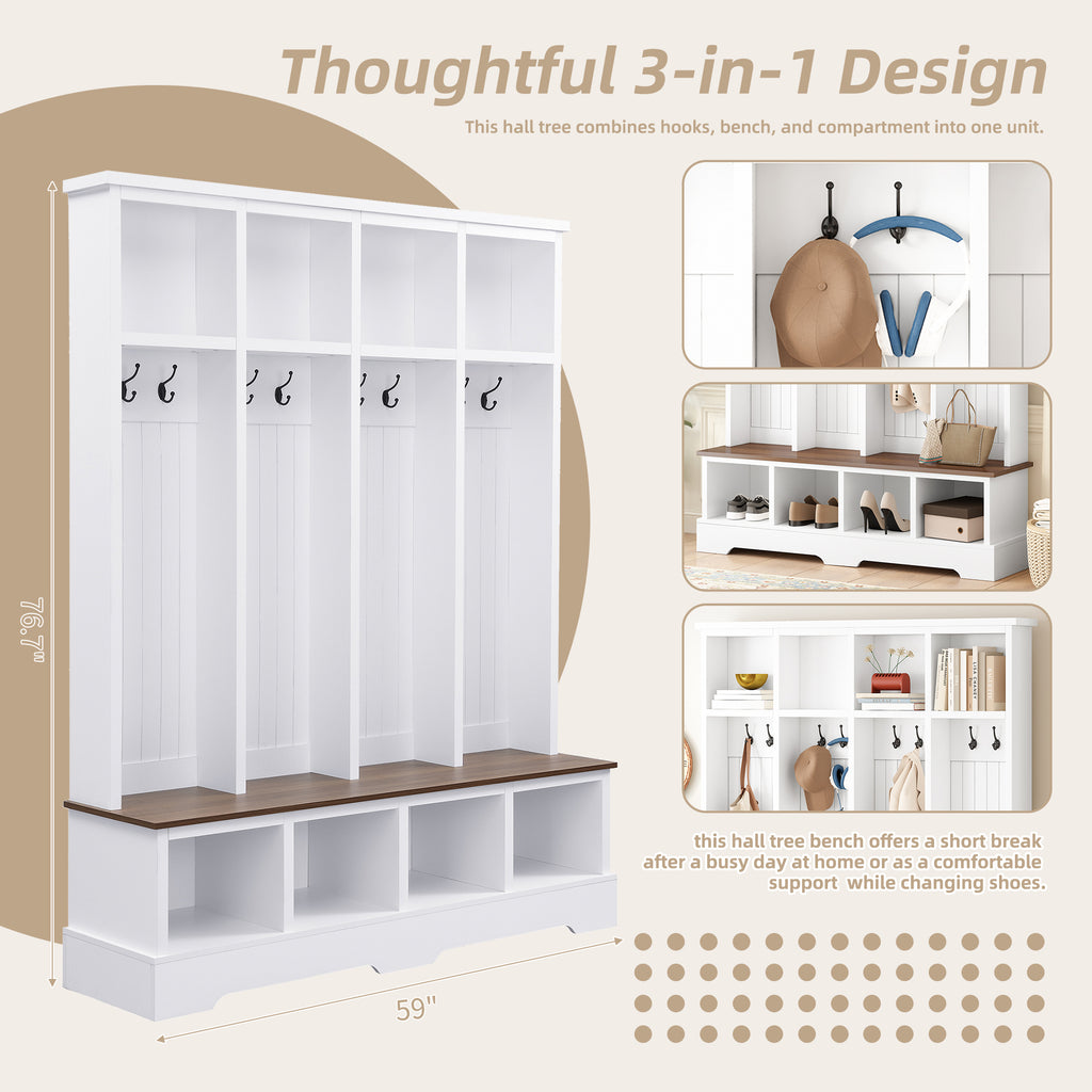 Farmhouse Hall Tree with 8 Hooks, Practical Entryway Bench with Open Compartments, 76.7'H Modern 3-in-1 Wooden Style Coat and Shoe Rack for Mudroom, Living Room, White (OLD SKU: N721P292601K) - Grand Goldman Shop