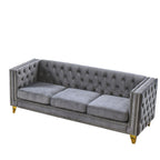 Modern Velvet Sofa with Button Tufting and Metal Legs, Grey Upholstered Couch for Living Room or Bedroom, 3-Seater, Solid Wood Frame, Soft Cotton-Filled Cushions - Grand Goldman Shop