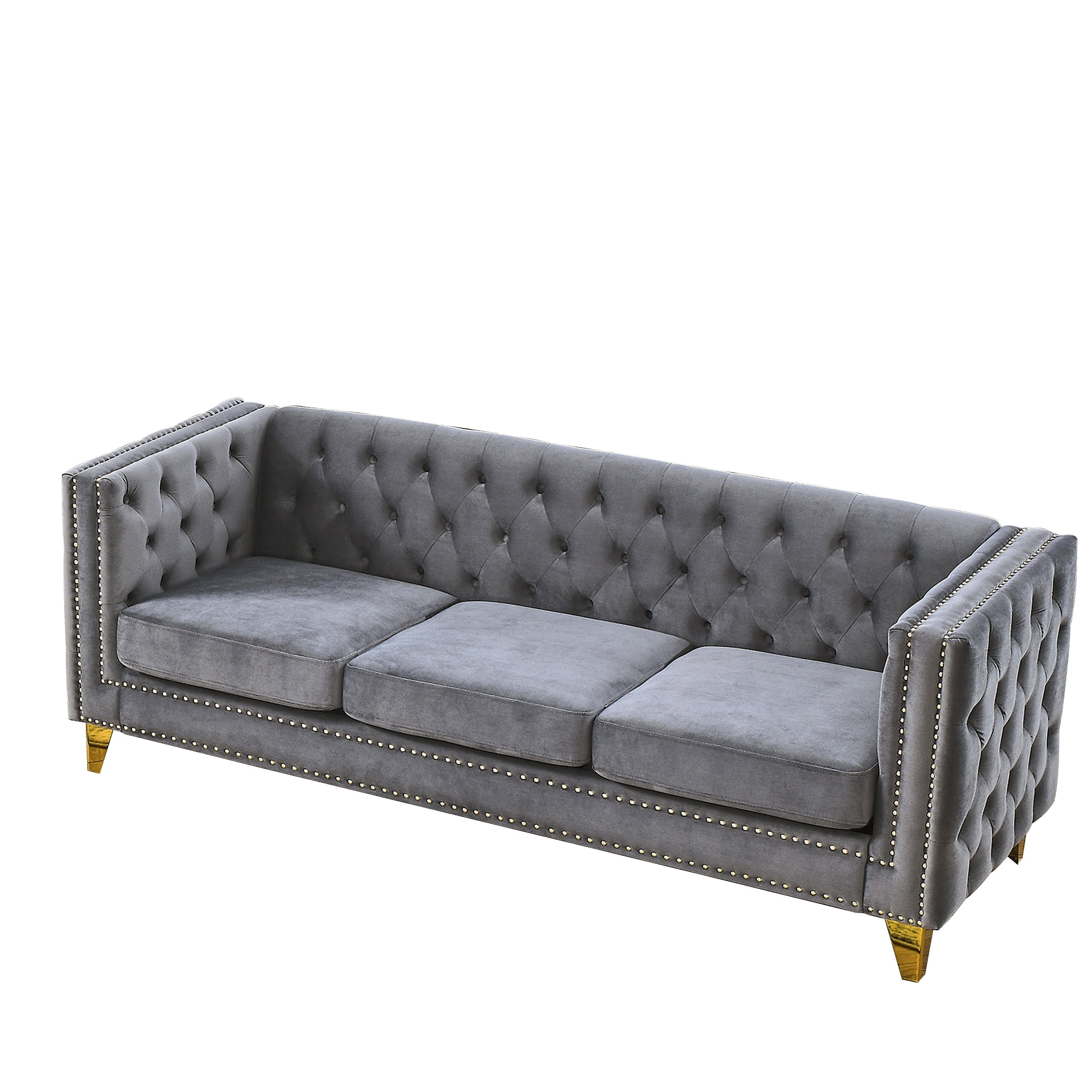 Modern Velvet Sofa with Button Tufting and Metal Legs, Grey Upholstered Couch for Living Room or Bedroom, 3-Seater, Solid Wood Frame, Soft Cotton-Filled Cushions - Grand Goldman Shop