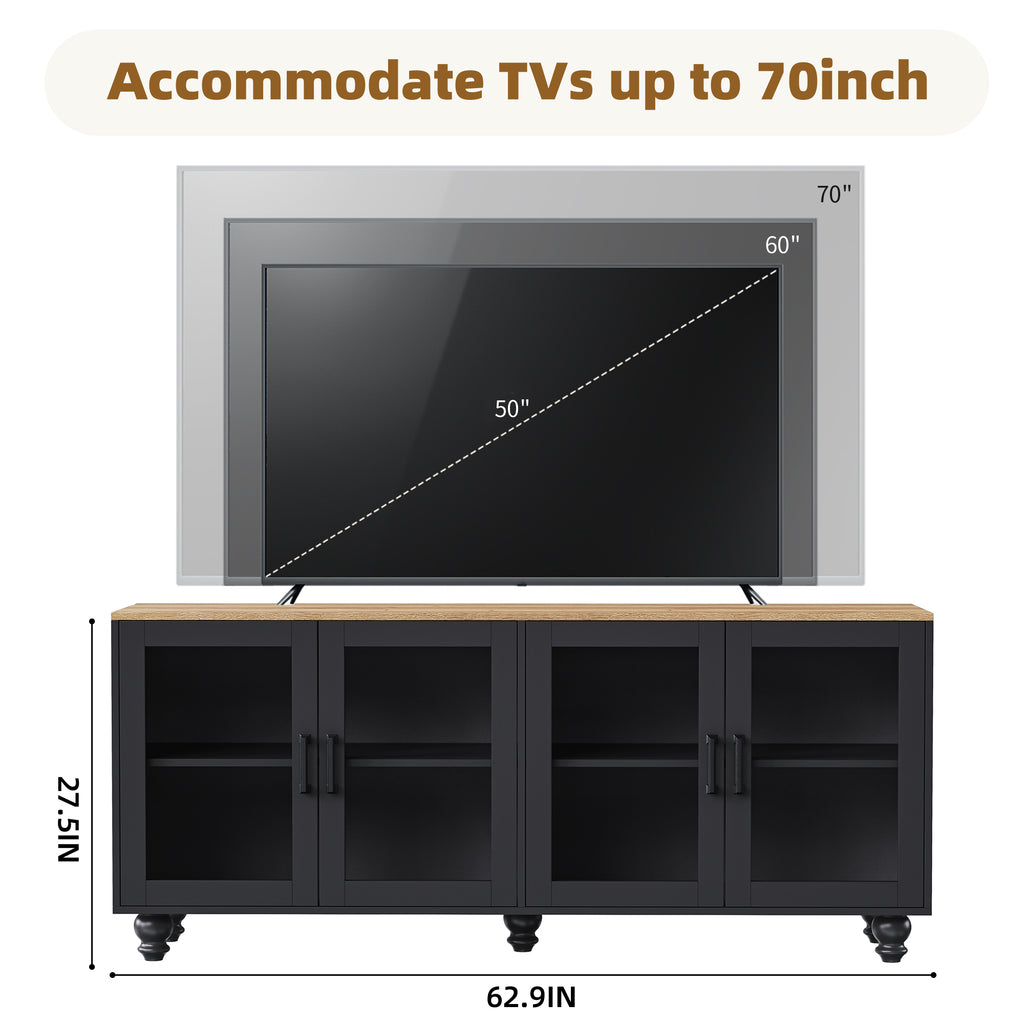 Farmhouse TV Stand with Solid Wood Gourd-Shaped Legs for TVs Up to 70', Entertainment Center with Bookshelves & Tempered Glass Doors, Media Console with Adjustable Shelves, Living Room, Black - Grand Goldman Shop
