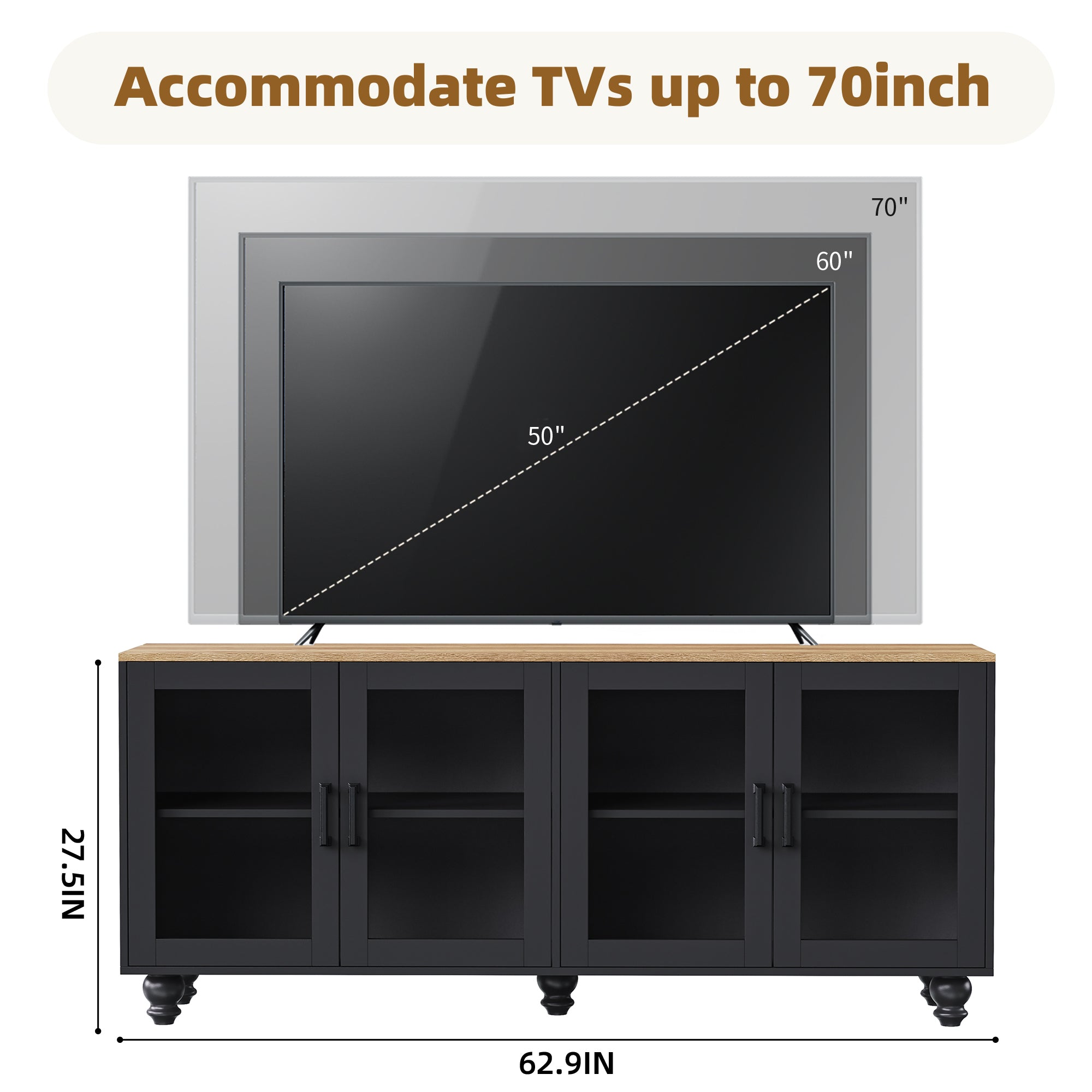 Farmhouse TV Stand with Solid Wood Gourd-Shaped Legs for TVs Up to 70', Entertainment Center with Bookshelves & Tempered Glass Doors, Media Console with Adjustable Shelves, Living Room, Black - Grand Goldman Shop