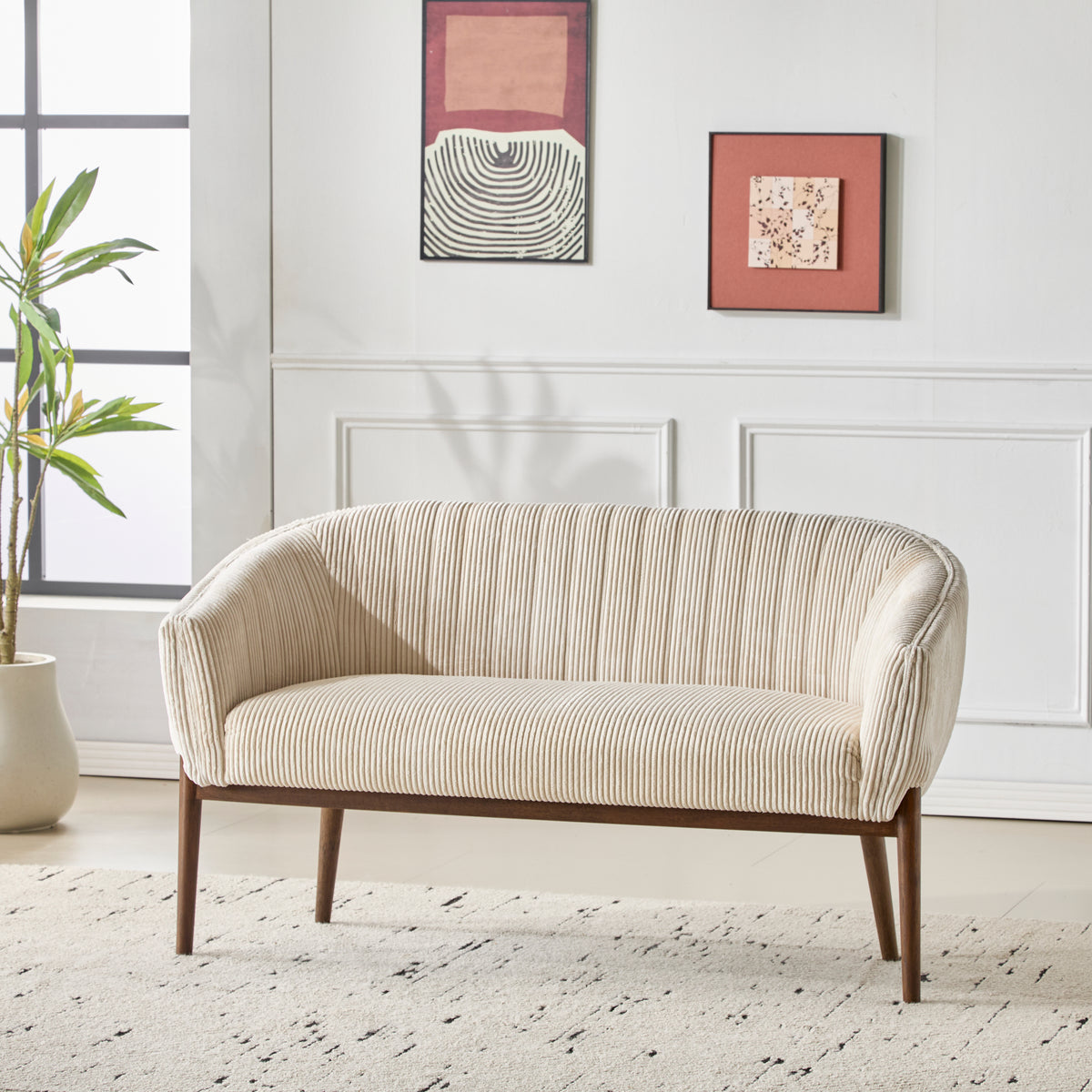 Corduroy Recessed Arm Loveseat(Beige+Walnut-65780) - Grand Goldman Shop