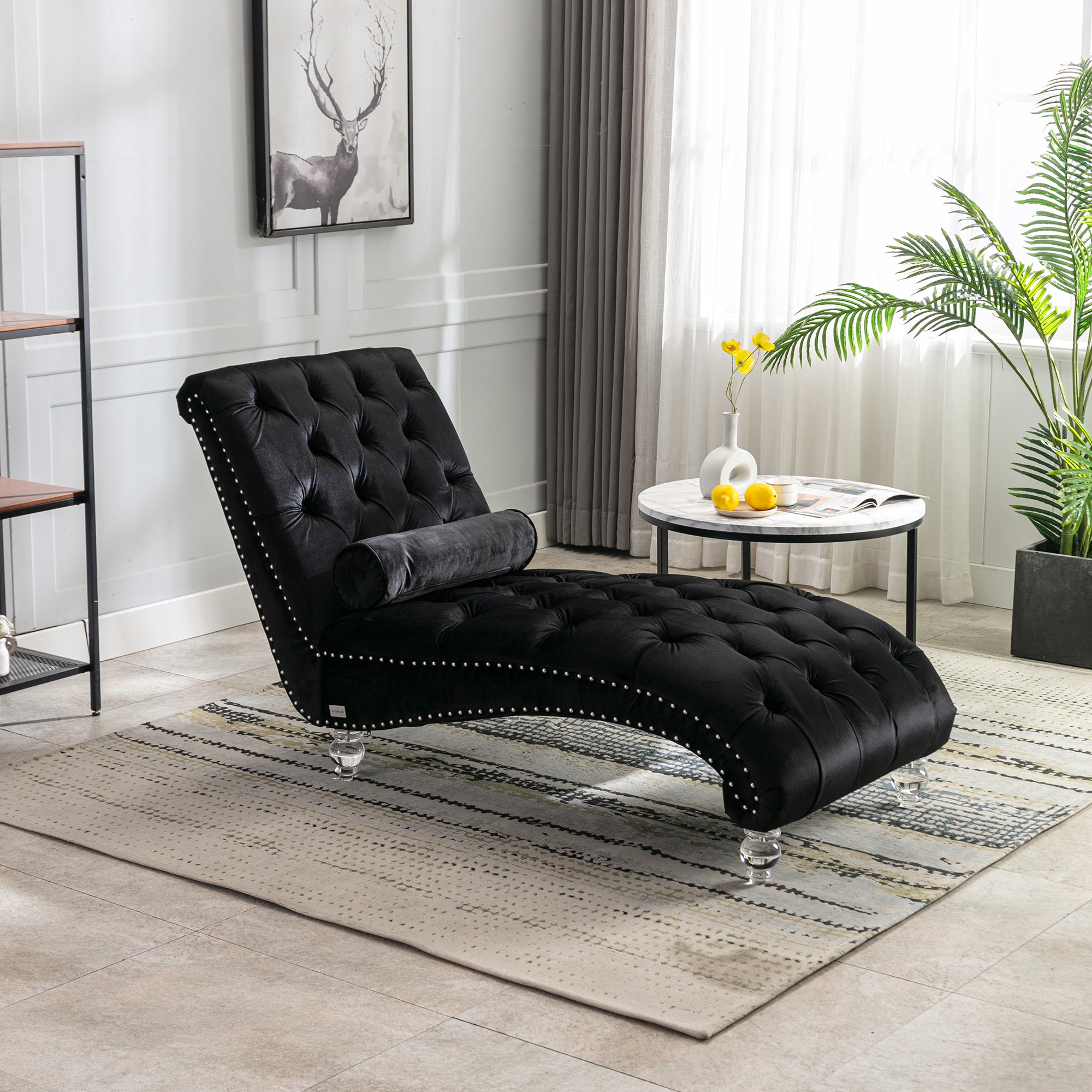 Velvet Chaise Lounge Indoor, Button-Tufted Upholstered Chair with Pillow, Black Velvet, 63.38x28.94x34.05 inches - Grand Goldman Shop