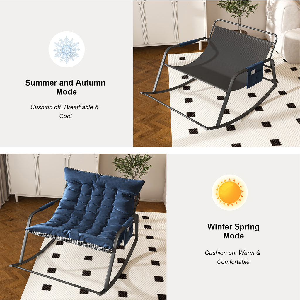 Blue Rocking Chair with Storage, Cushions & Armrests, All-Season Comfort Lounge Recliner, Breathable Ergonomic Lounge Chair for Bedroom, Living Room, Patio, Garden - Grand Goldman Shop