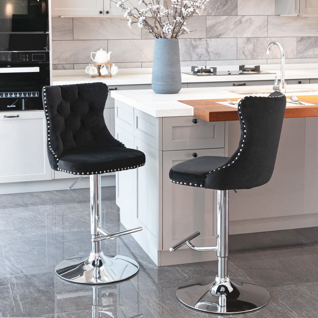 A&A Furniture Modern Swivel Velvet Barstools with Adjustable Height and Chrome Base, Black, Set of 2 - Grand Goldman Shop