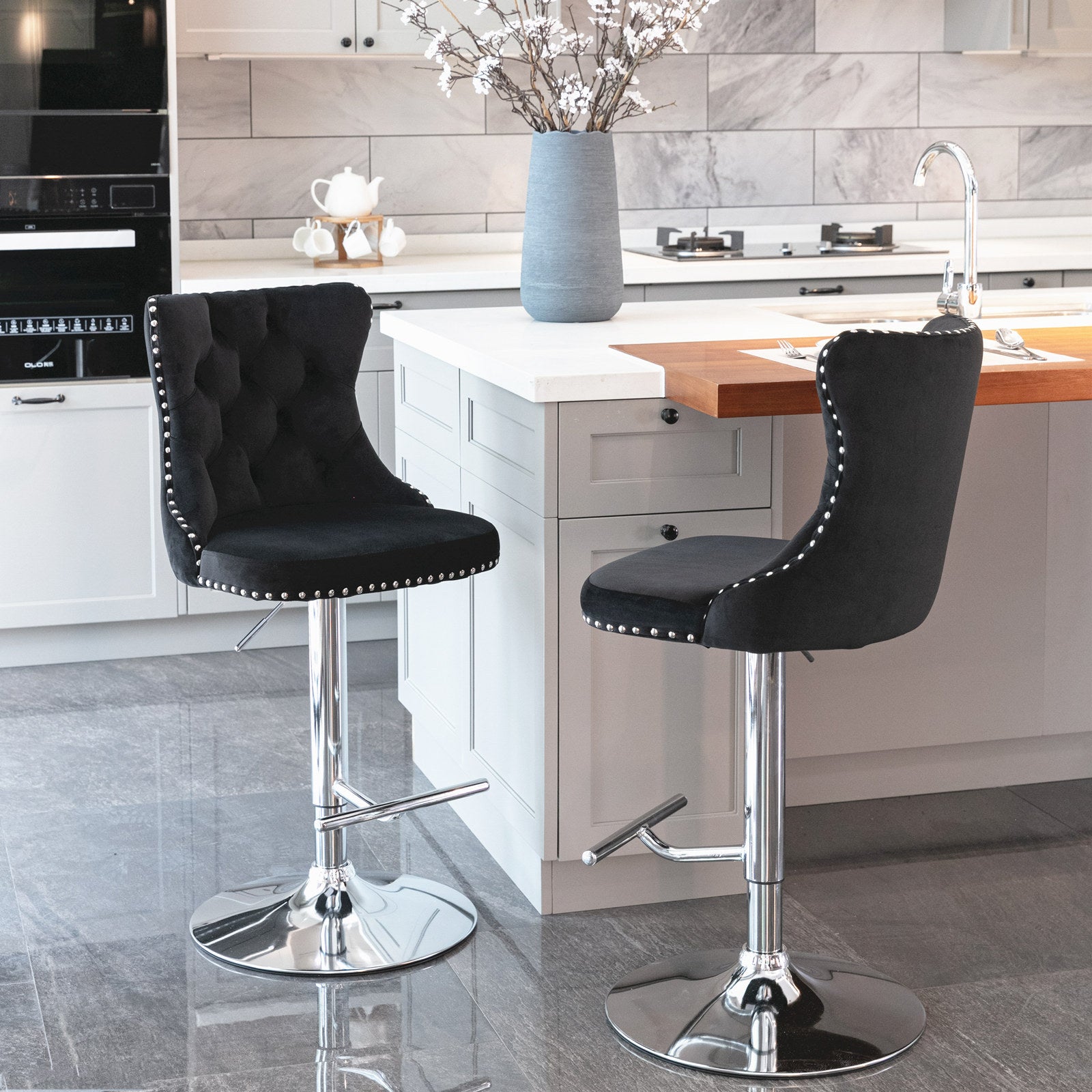 A&A Furniture Modern Swivel Velvet Barstools with Adjustable Height and Chrome Base, Black, Set of 2 - Grand Goldman Shop