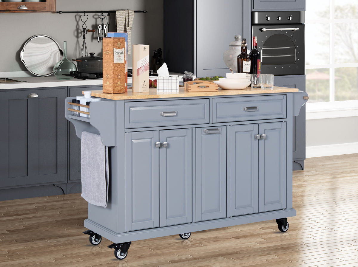 Kitchen Island with Rubber wood Countertop, Kitchen Cart on 5 Wheels with Storage Cabinet and 2 Top Drawers and A center double layered storage drawer for Dinning Room, Grey - Grand Goldman Shop